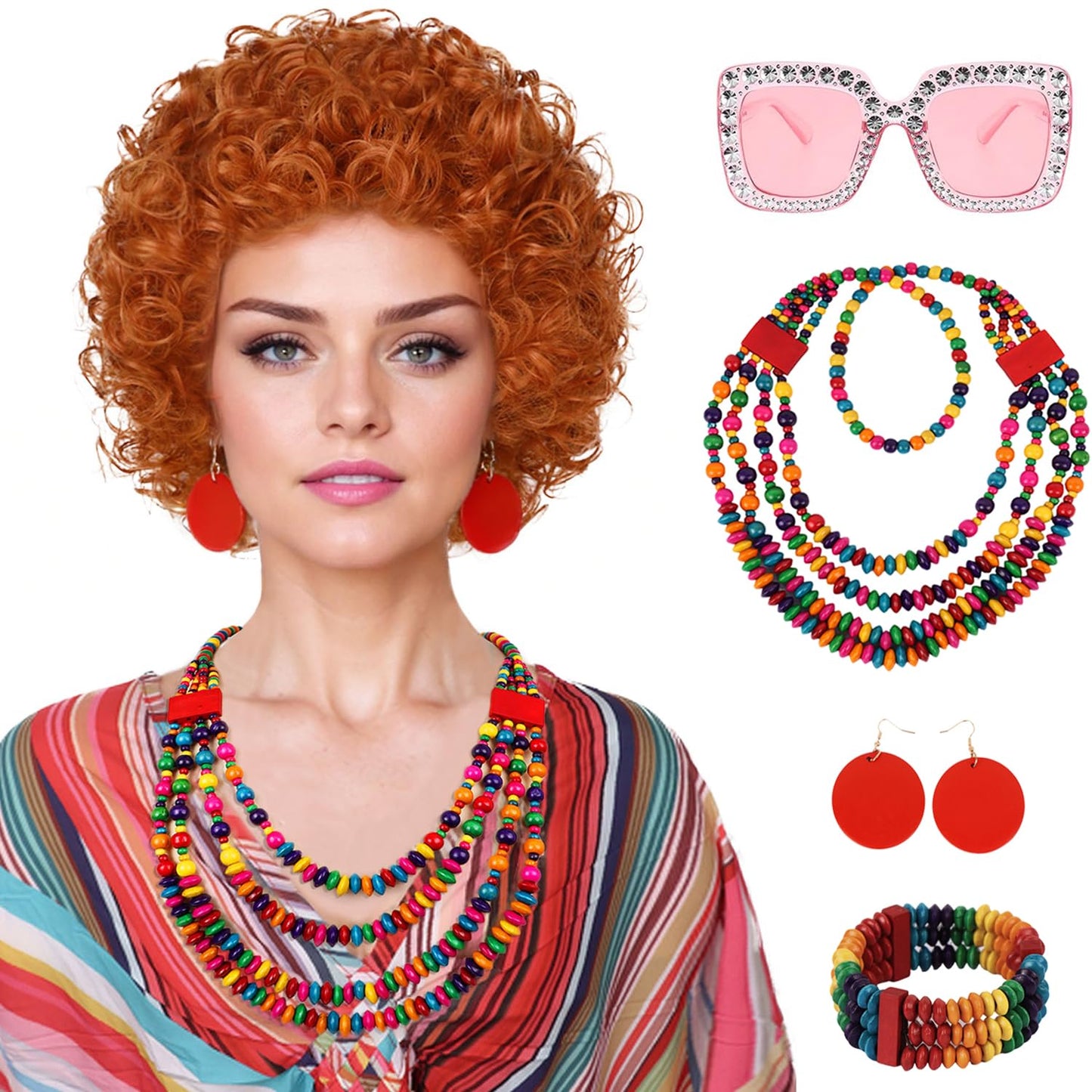 Short Curly Red Orange Wig Set - Includes Pink Sunglasses, Rainbow Necklace, Earrings & Bracelets | Perfect for Halloween Cosplay