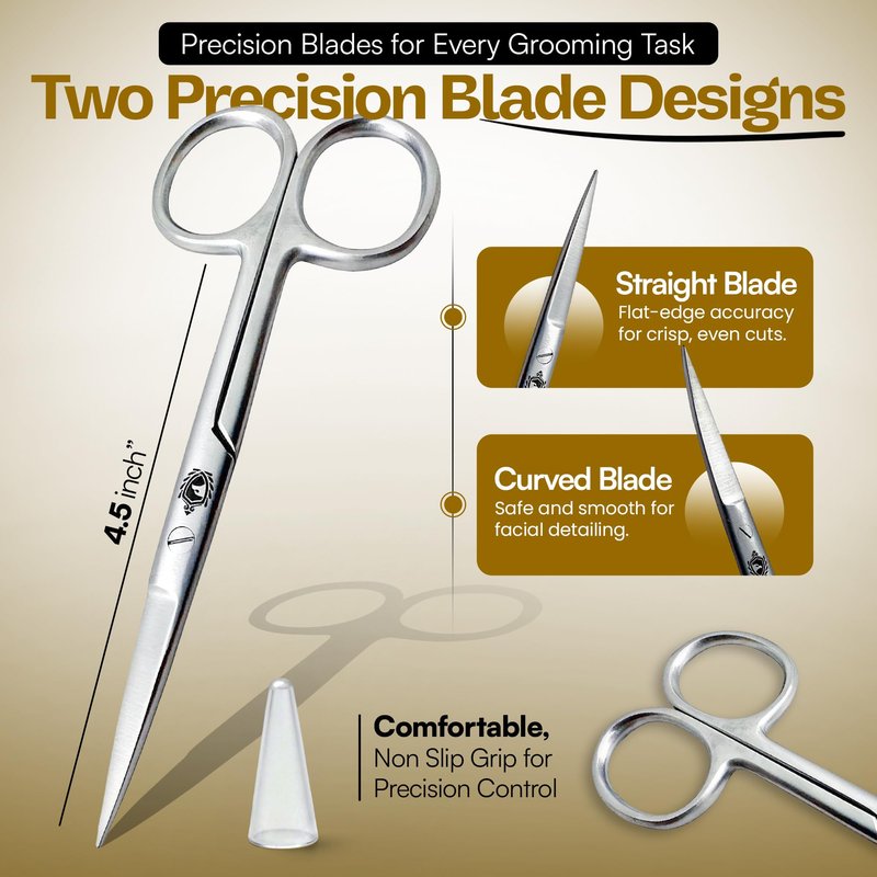 Stainless Steel Grooming Scissors Set - Facial Hair Small Nail Cuticle Scissors Manicure Pedicure Tools Trimming Kit - Straight and Curved Blade for Beard Mustache Nose Ear Hair Eyebrow Eyelashes