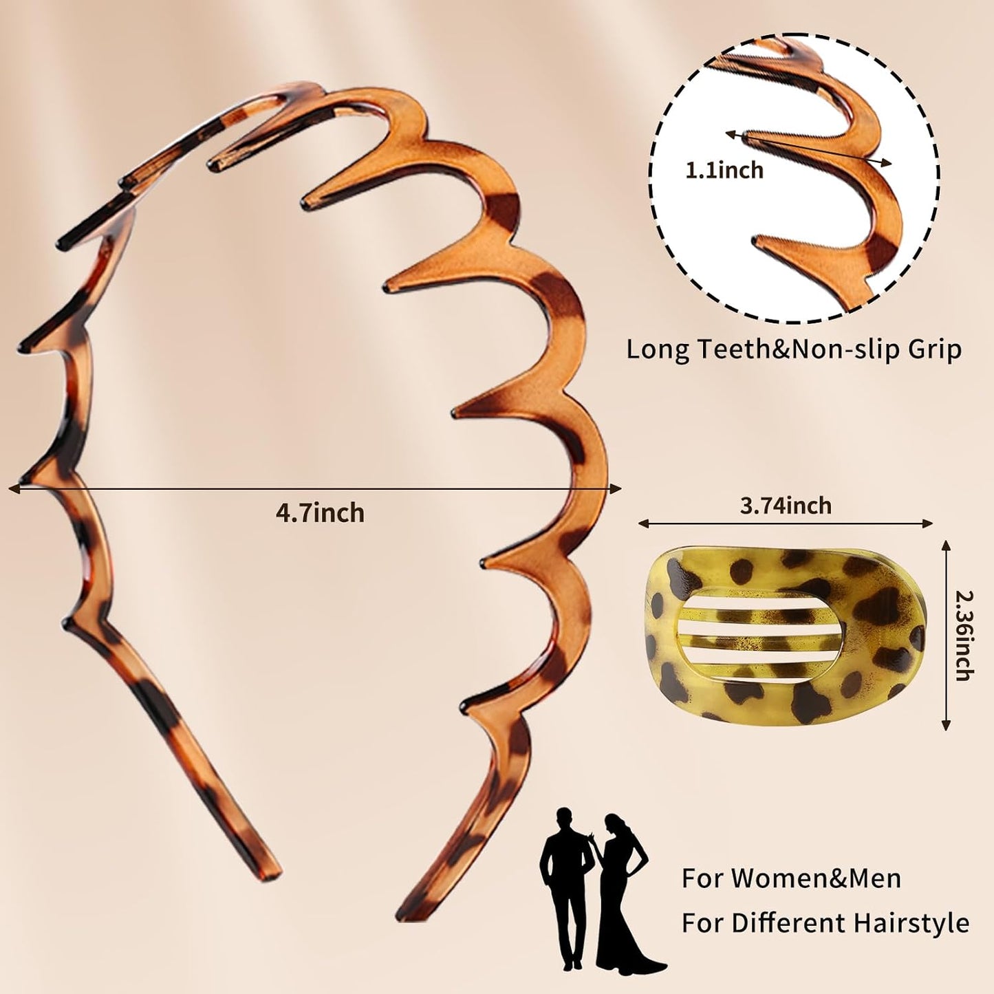 Zig Zag Headbands for Women - 5-Pack Wavy Teeth Hair Accessories | Includes 1 Hair Clip