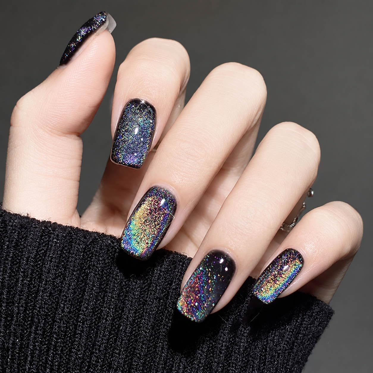 Black Chrome Metallic Cat Eye Press-On Nails - Medium Square | Iridescent Glitter Halloween Design