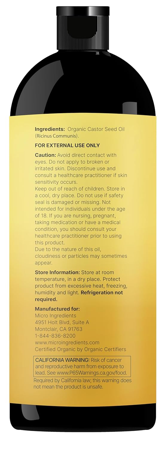 Organic Castor Oil - 100% Pure Cold-Pressed Carrier Oil for Hair, Skin & Eyelashes - 32 fl oz | USDA Certified, Non-GMO