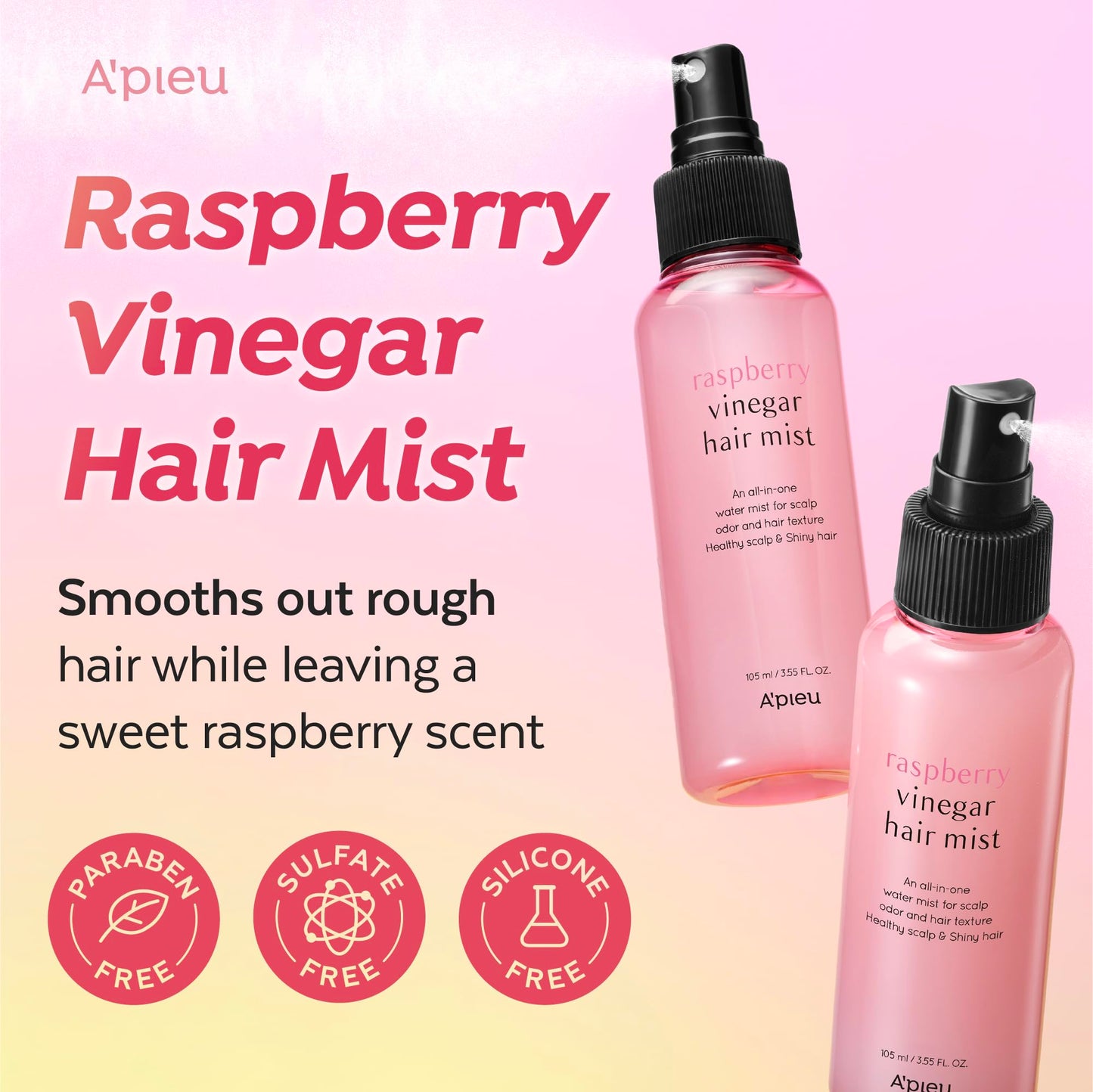 A’PIEU Raspberry Hair Vinegar Rinse - Scalp Clean & Detox for Oily and Itchy Scalp, Buildup & Dandruff Scalp Treatment, pH-Balancing for Fresh and Shiny Hair. Korean Haircare. 6.76 fl oz