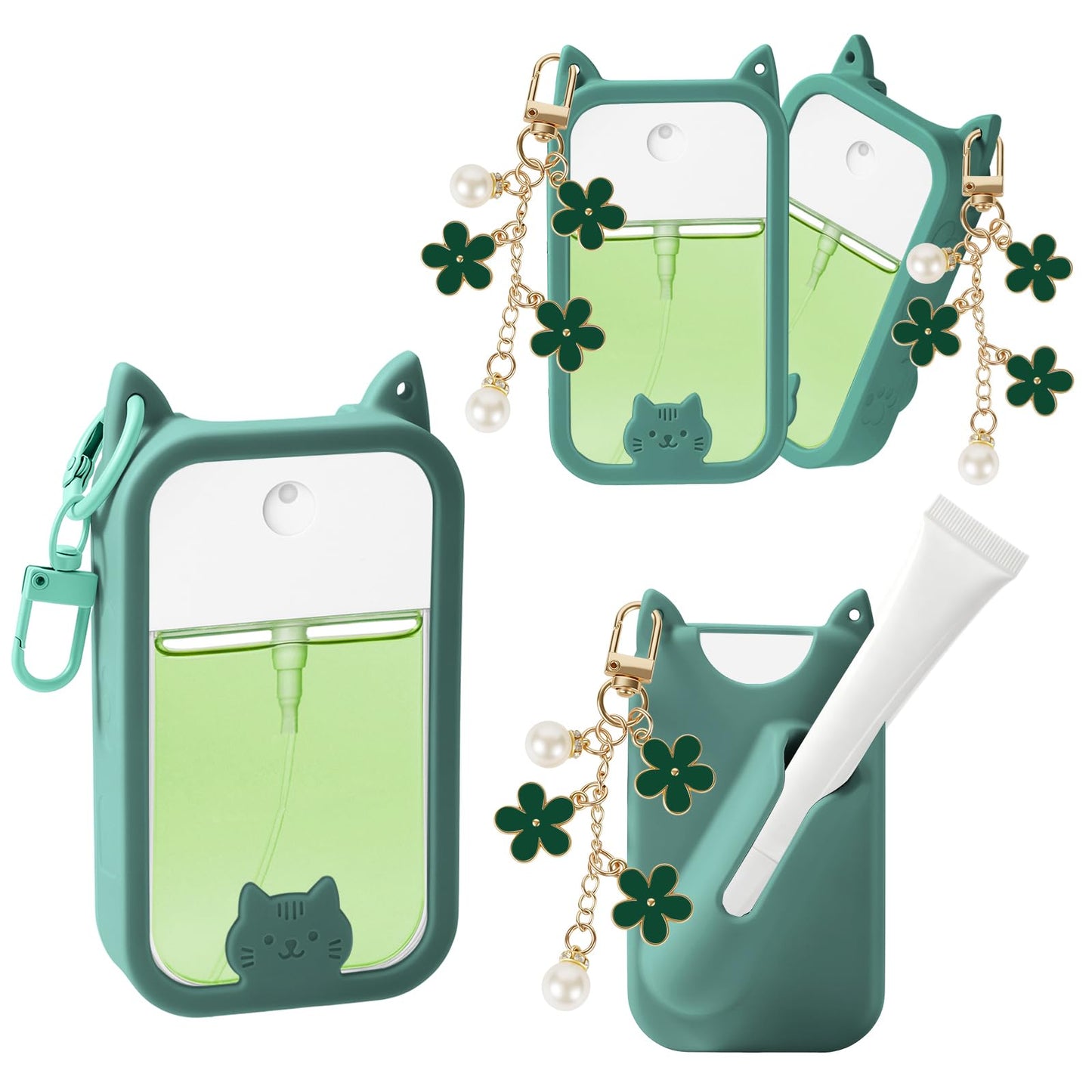 QIOFEARTH Silicone Case Compatible with Touchland Hand Sanitizer Spray Mist 1 oz with Lip Holder Flower keychain (Pine Green)