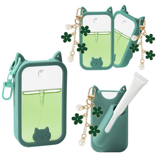 QIOFEARTH Silicone Case Compatible with Touchland Hand Sanitizer Spray Mist 1 oz with Lip Holder Flower keychain (Pine Green)