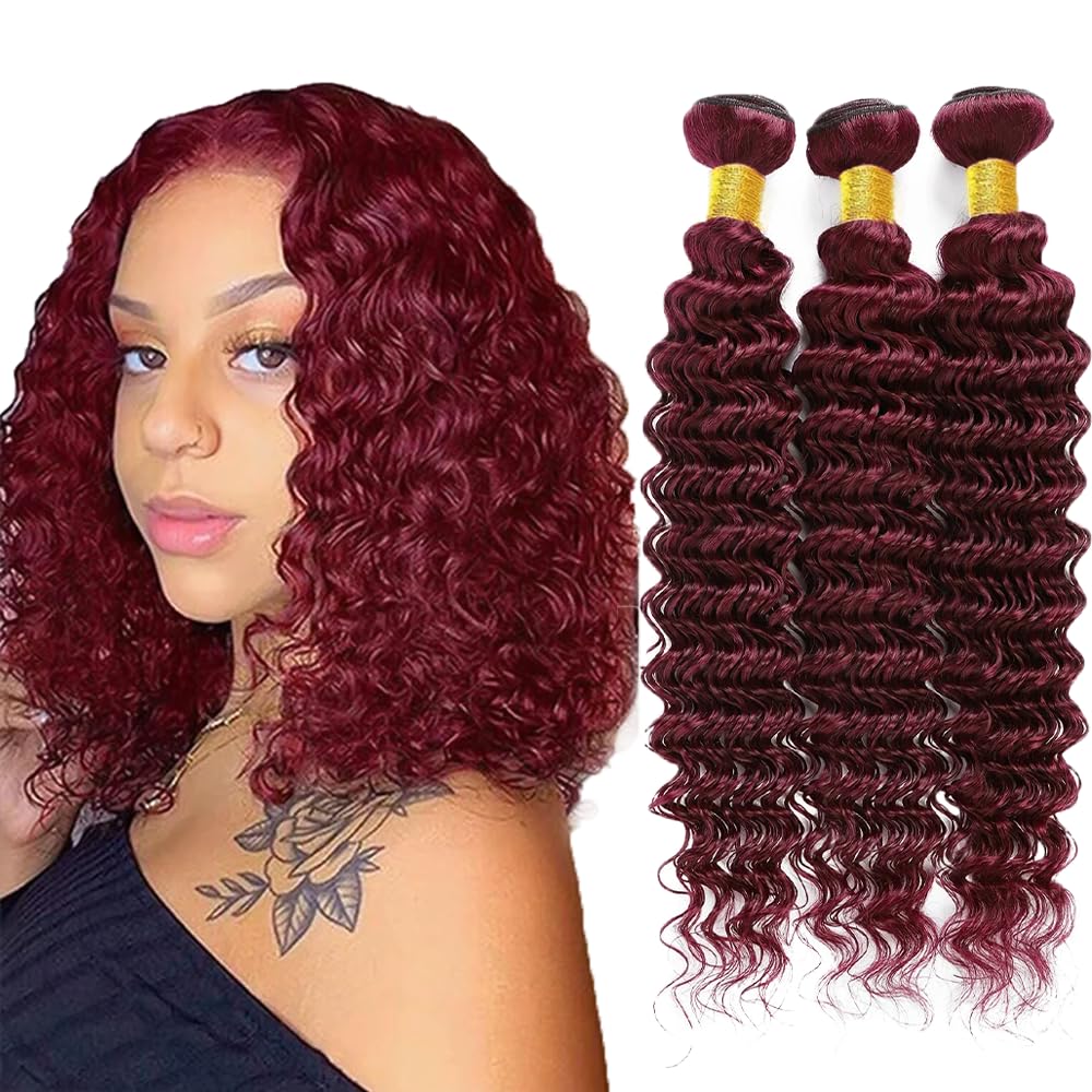 #99J Wine Red Human Hair Bundles Deep Wave Bundles 30 30 30 Inch Burgundy Unprocessed Brazilian Virgin Hair 3 Bundle 50 Gram Per Bundle Deals Quick Weave Hair Extensions