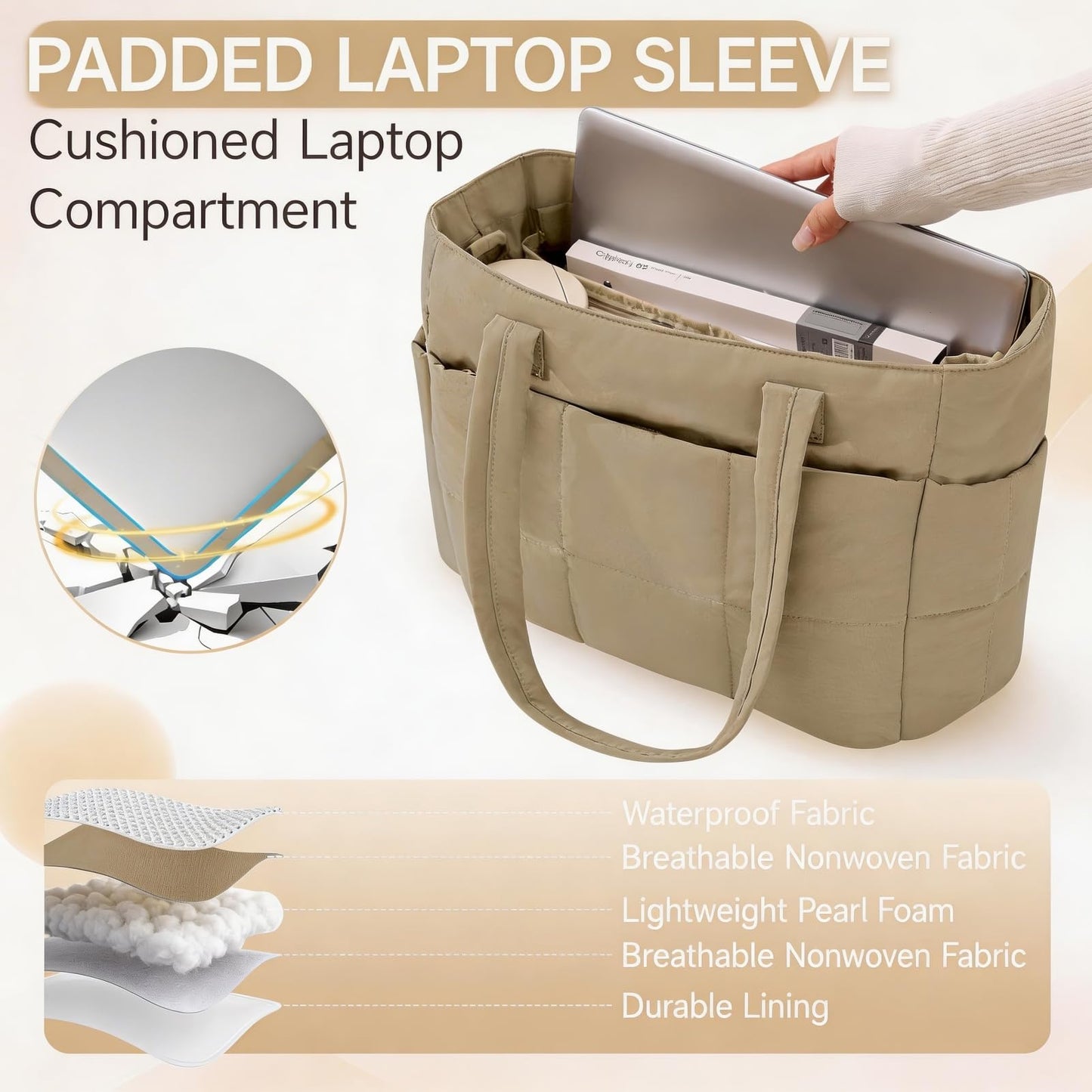 SODEER Tote Bag for Women,Lightweight Puffer Work Shoulder Tote with Compartments,Quilted Handbag for Teacher Nurse College