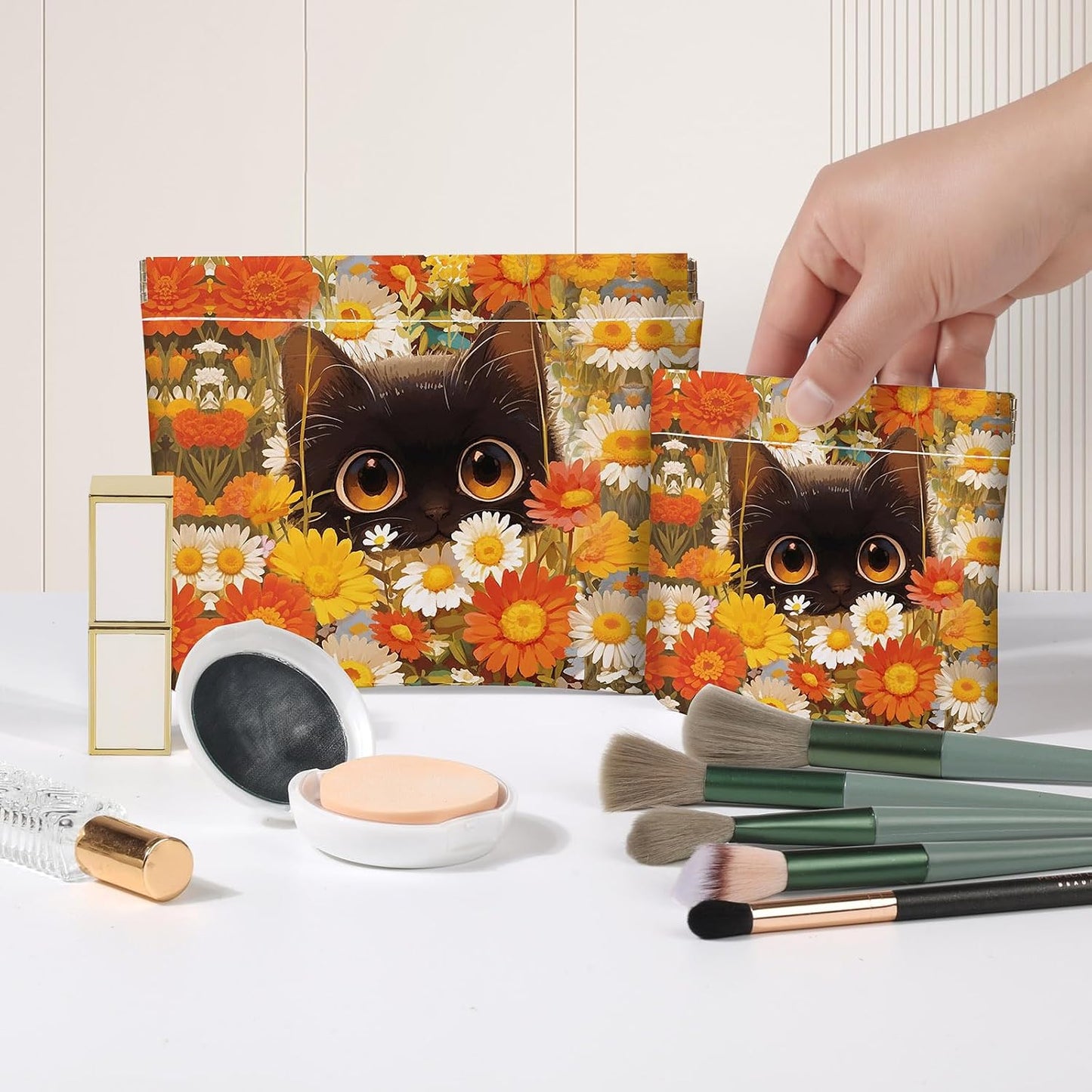 Makeup Bag Set - 2 PCS PU Leather Cosmetic Pouches for Travel | Self-Closing, Portable Design with Orange Flowers and Cats