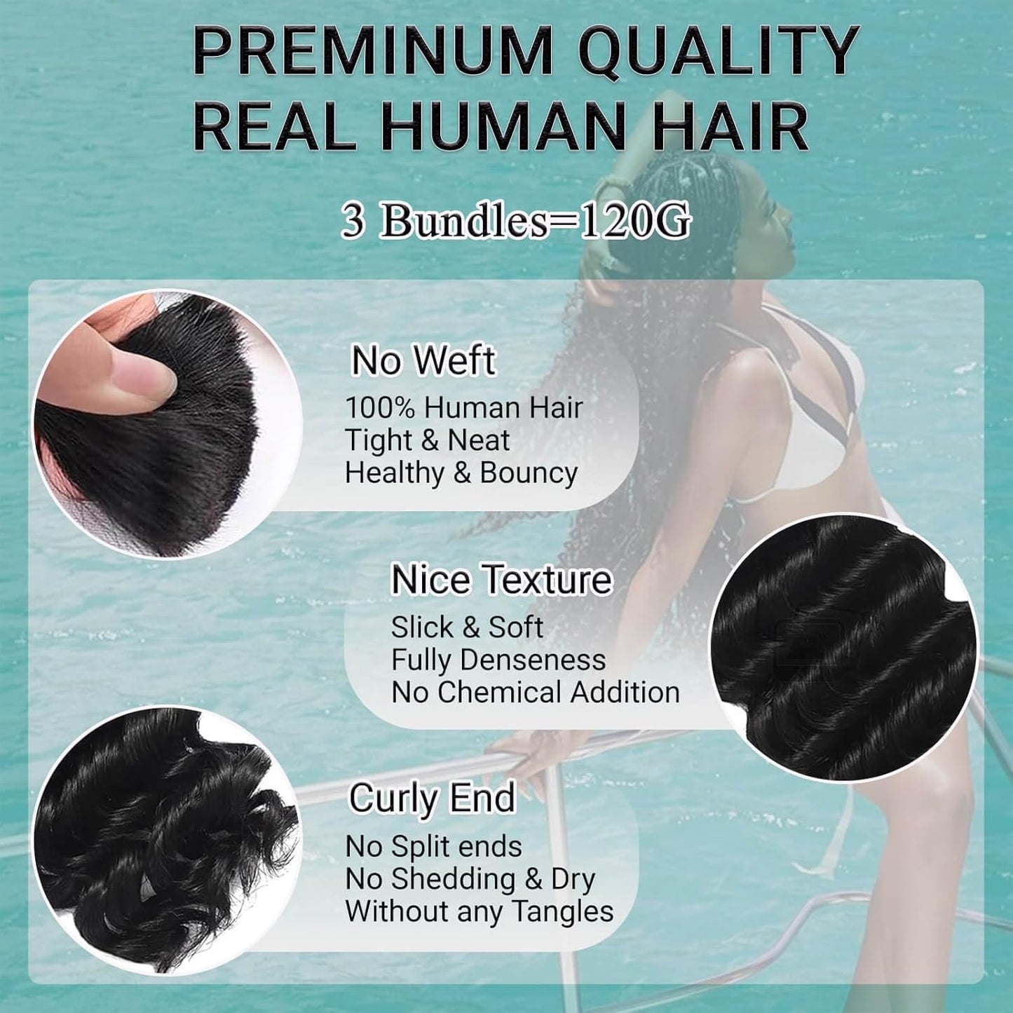 Human Braiding Hair for Boho Braids 120g 12A Deep Wave Bulk Human Hair Curly Bundles Wet and Wavy Knotless 100% Virgin Hair Extensions No Weft Bohemian Braids 3 Bundles/Pack Natural Color 16Inch