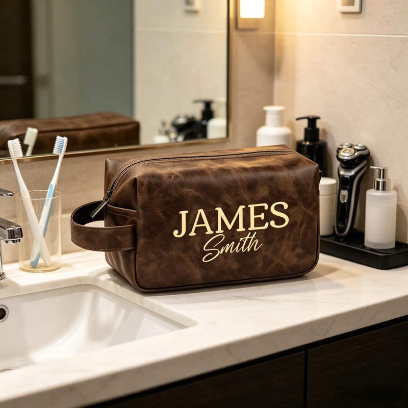 Personalized Toiletry Bag for Men, Father Day Gifts Custom Engraved Cosmetic Bag with Name/Initial, Leather Travel Pouch, Gifts for Groomsmen Husband Dad Graduation Birthday Retirement Wedding