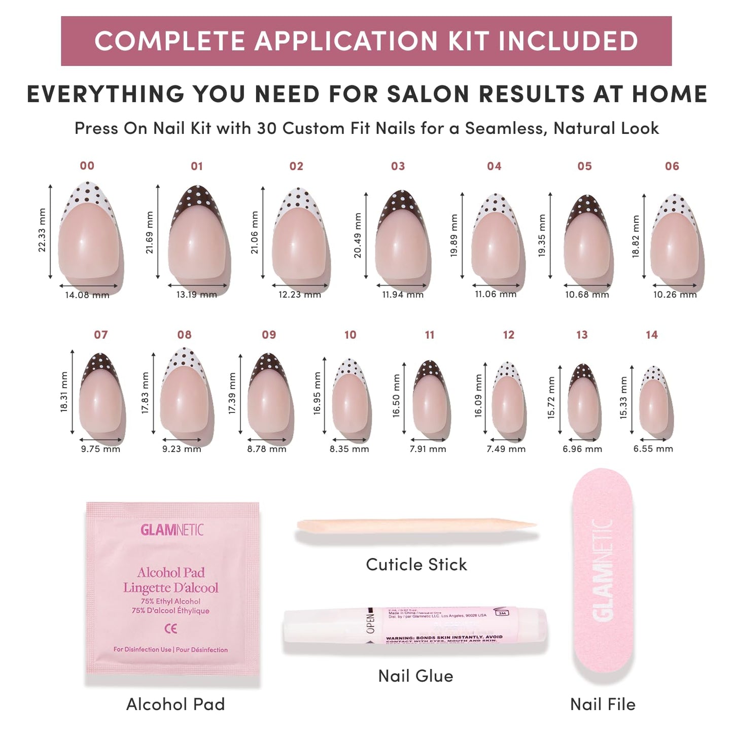 Glamnetic Press On Nails - Short Almond Polka Dot French Tips | Glossy Finish | 30 Nail Kit with Glue - 15 Sizes Available