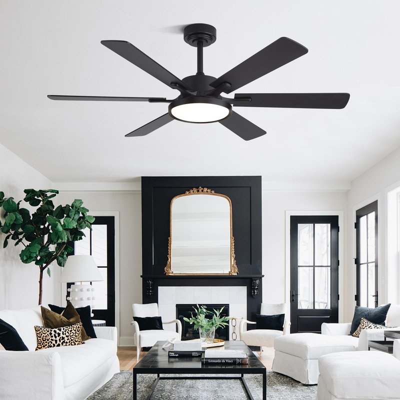oooYYDSxxx 52in Black Low Profile Ceiling Fan with Light, Remote Control, 6 Blades, Dimmable LED, Flush Mount, Reversible, 6 Speeds, Ultra Quiet, Indoor Use, Bonus Wall Switch, Outdoor Rated