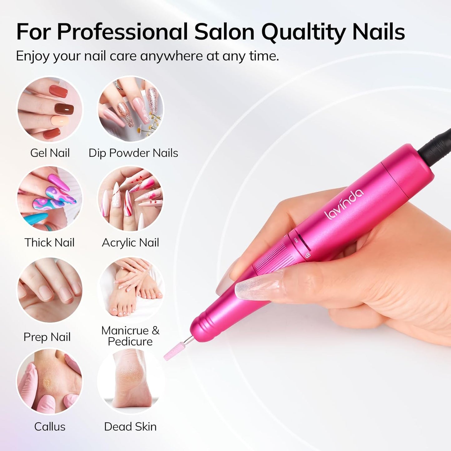Lavinda Nail Drill - 35000 RPM Cordless Electric File for Acrylic & Gel Nails | Home & Salon Use - Viva Magenta