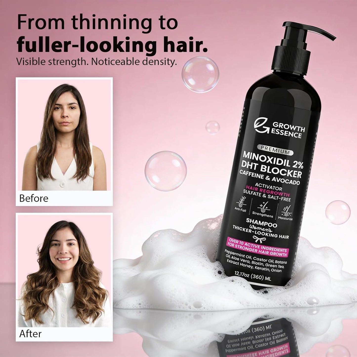 Minoxidil 2% Shampoo for Women | Hair Regrowth Formula with Biotin, Caffeine & DHT Blockers - Strengthening Keratin & Castor Oil | 2-Pack