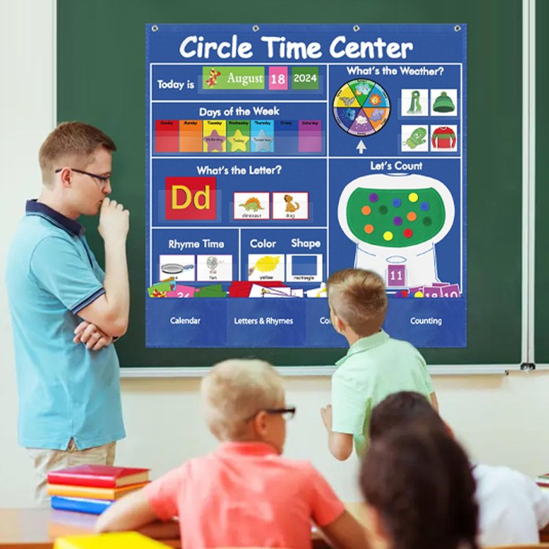 BOHEMIABY Circle Time Learning Center Classroom Pocket Chart Preschool, Educational Pocket Chart Teaching Materials, Learning Calendar Weather Counting Letter Color Shape (circle time learning center)