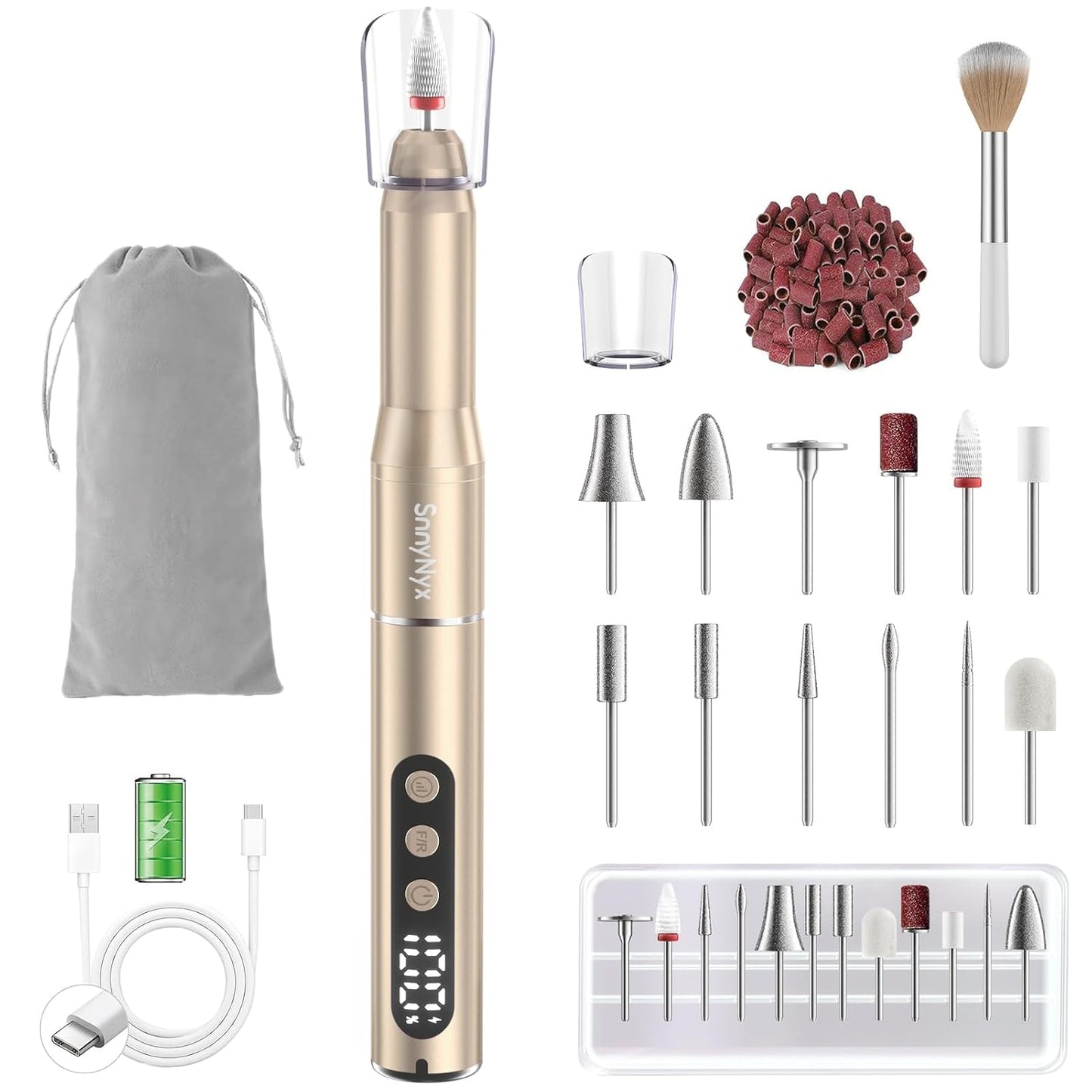 Cordless Electric Nail Drill - 35000 RPM Professional Nail File Kit with LCD Display | 12 Bits & 36 Sanding Bands for Acrylic Gel Nails & Pet Claws (Matte Gray)