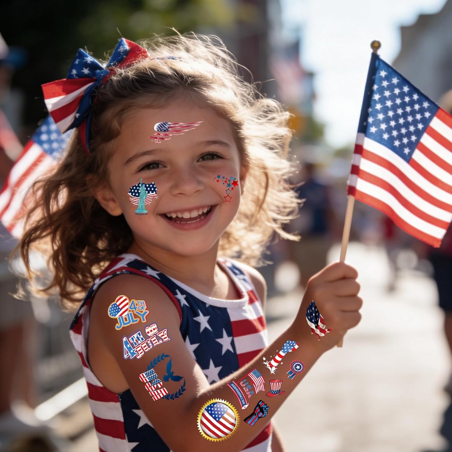 Waterproof 4th of July Temporary Tattoos for Kids | 20 Sheets of Patriotic Red, White & Blue USA Stickers with Flag & Fireworks