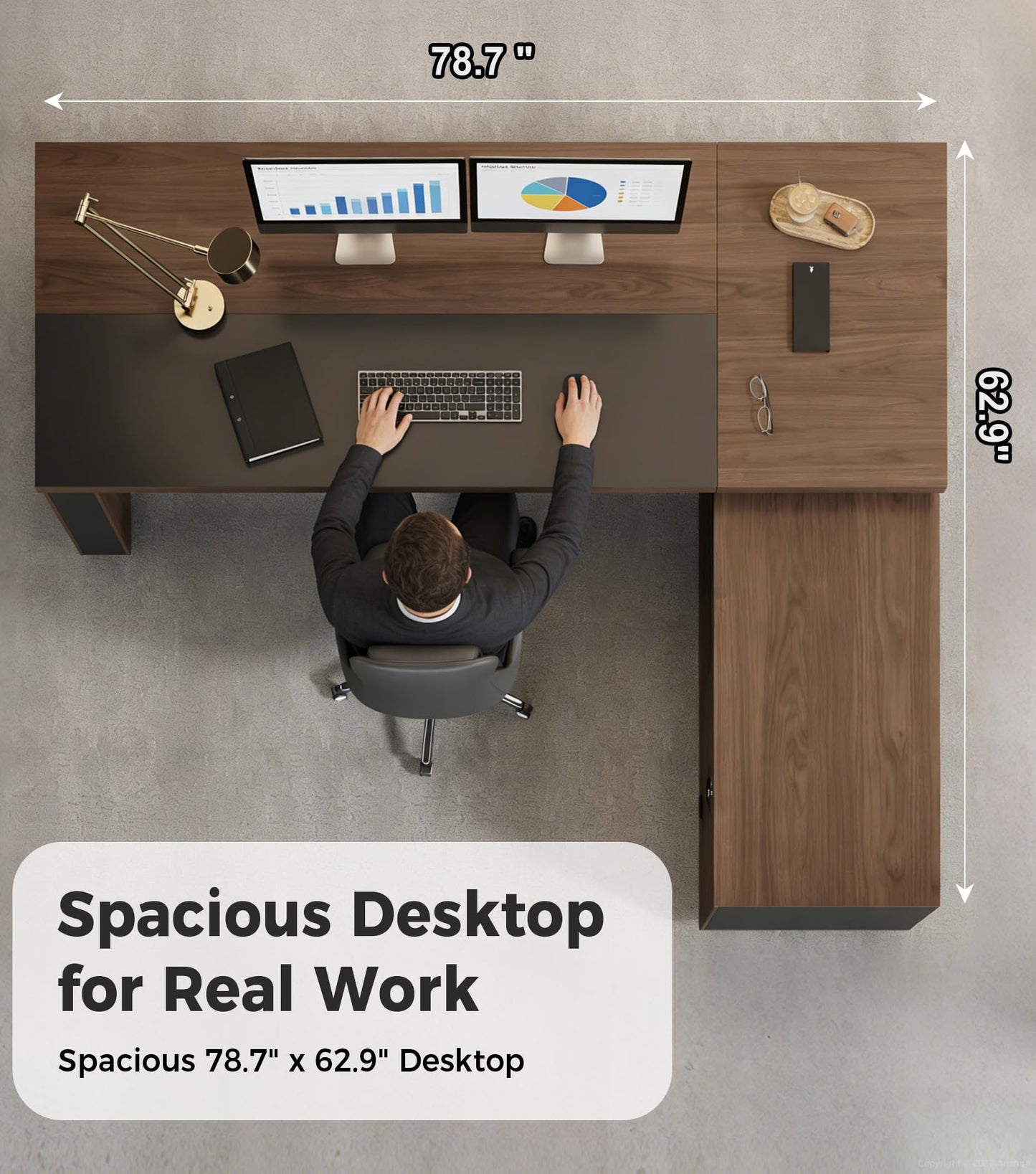 Anzhap 79" Reversible L-Shaped Executive Desk with Power Outlets & LED Lighting, Large Modern Office Desk with Drawers & Storage Shelves for Home Office, Corporate, School (79" W x 63" D x 30" H)