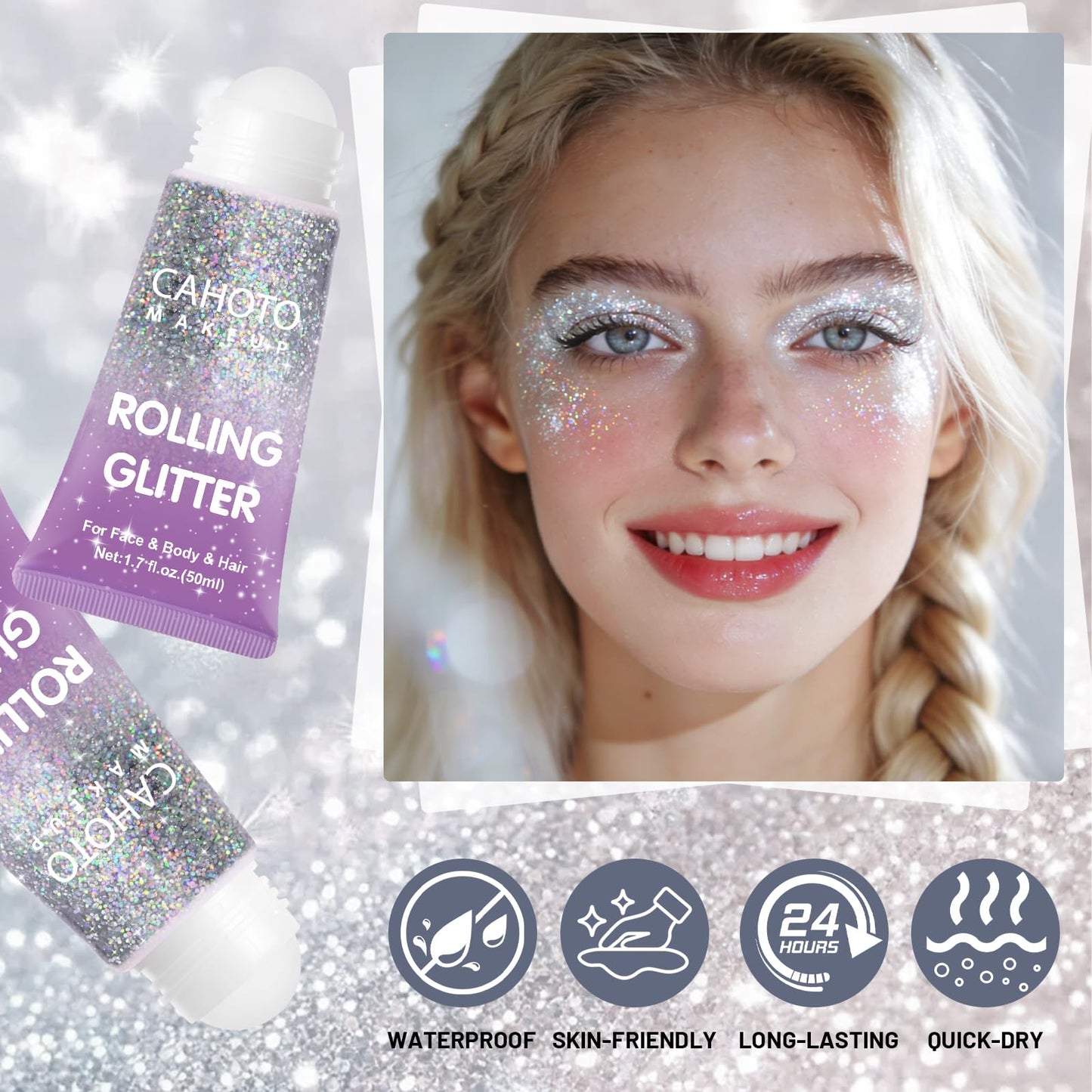 CAHOTO Silver Rolling Glitter, Shimmer Gel for Face Body & Hair