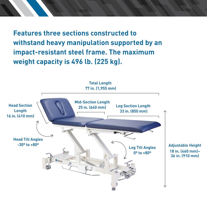 BodyMed 3 Section Hi-Lo Treatment Table, Blue, 77 in. x 27 in. x 18–36 in. – Durable, Adjustable Physical Therapy Table – ADA Compliant – Bar Activated Elevation – Foam Padding & Vinyl Upholstery