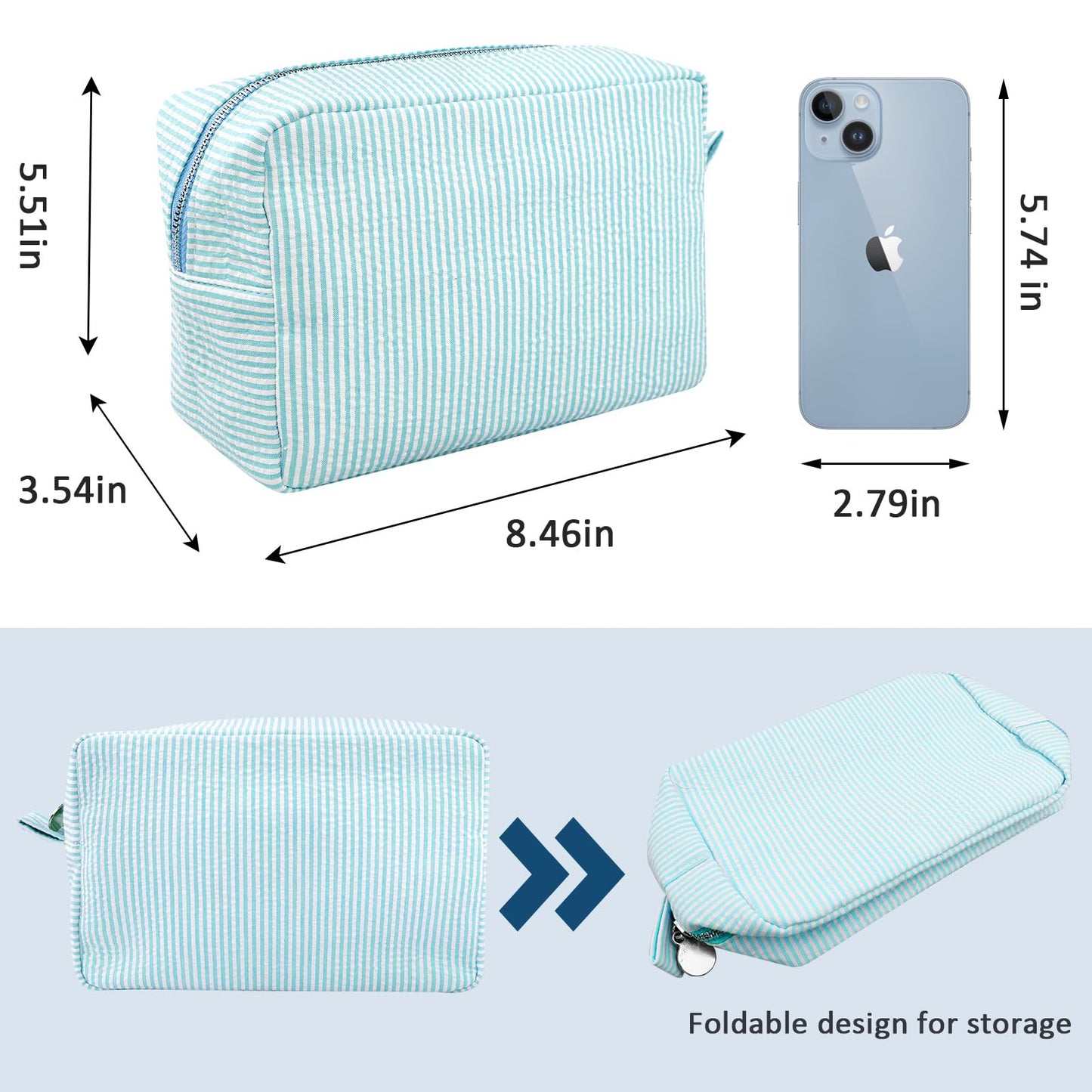 GFU Makeup Bag for Women, Cute Cosmetic Bag, Lightweight Toiletry Make up Bag, Large Seersucker Aesthetic Organizer Storage Pouch for Girls, Women and Moms Gifts, Lightblue