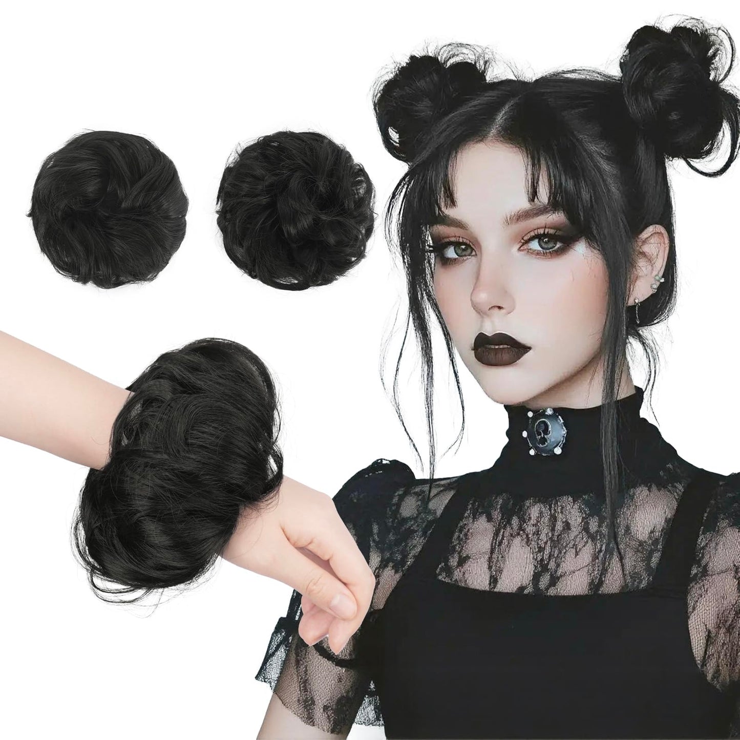 FESHFEN 2PCs Small Messy Bun Hair Piece for Thin Hair Women Girl Mini Synthetic Elastic Wavy Space-bun Scrunchies Updo Hairpieces, Black