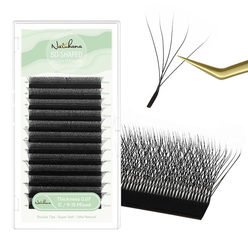 NATUHANA Eyelash Extensions 0.07 C Curl 9-15mm W Shaped Clover Classic Easy Fan Permanent Volume Lash Extensions Automatic Blooming Flower Lash,Professional Supplies for Lash Techs(5D,0.07-C,9-15 Mix)
