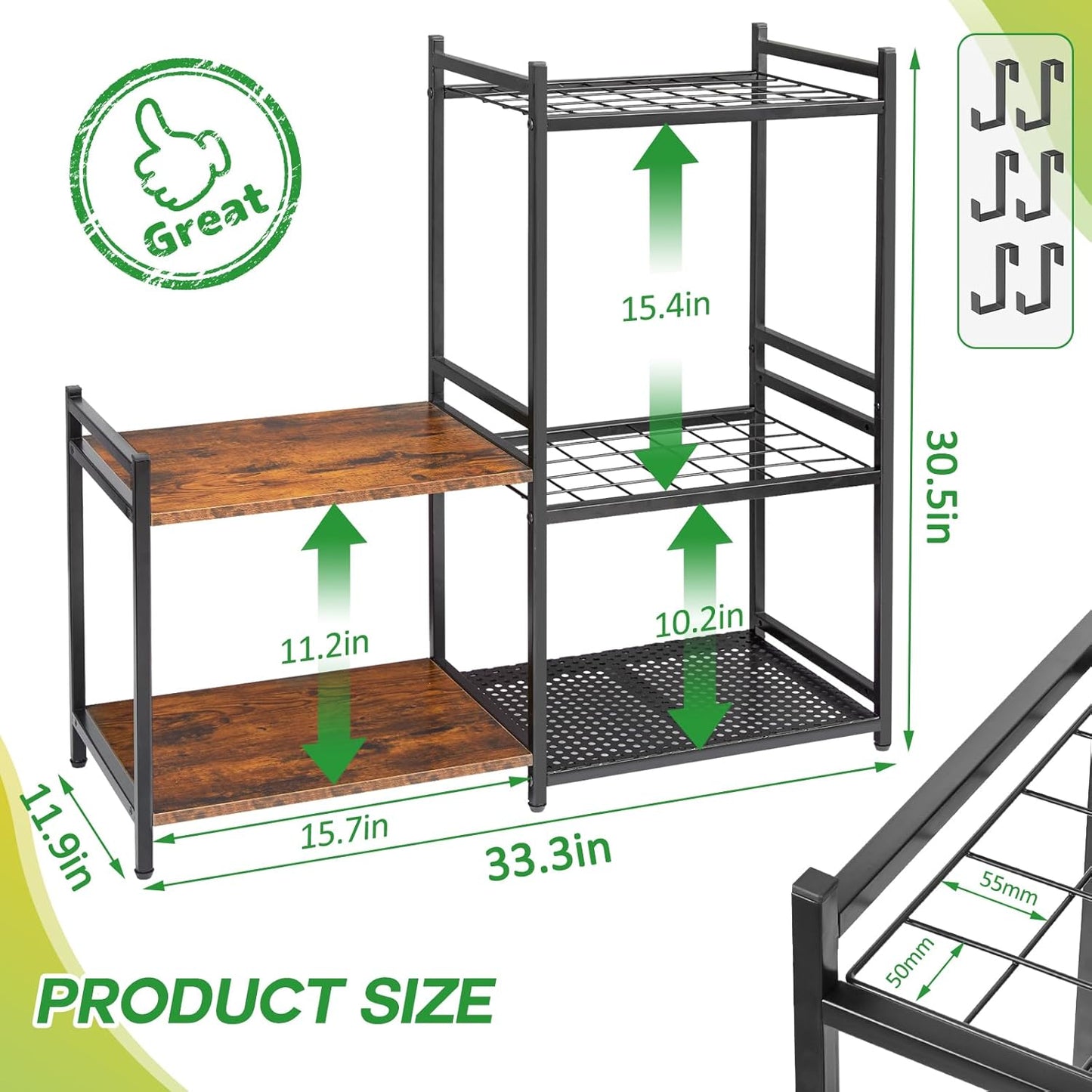 Garage Tool Organizer - 2-Tier Wooden Shelves & 6 Hooks | Heavy-Duty Steel Rack for 35 Long Handled Tools - Black