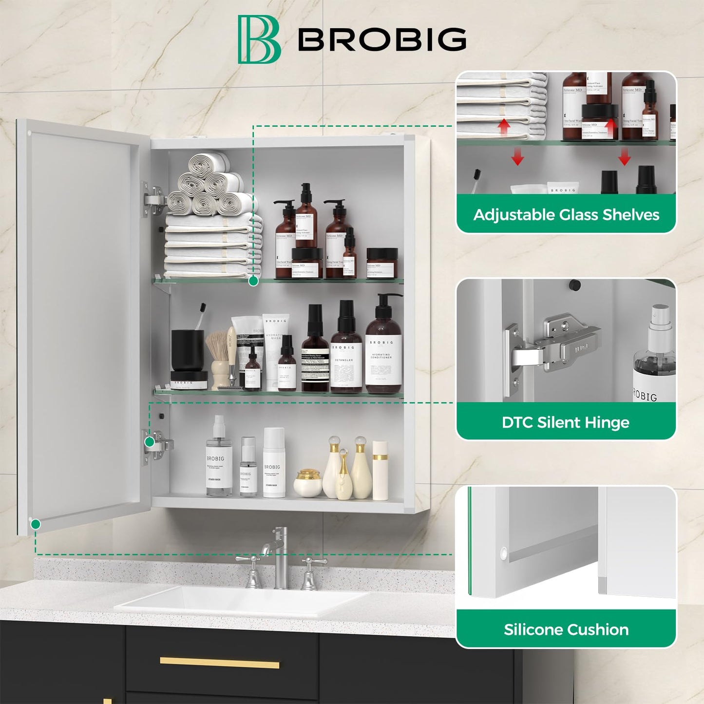 BROBIG 20 x 26 Medicine Cabinet Mirror, Moisture-Proof Aluminum Bathroom Medicine Cabinet with Mirror, Bathroom Mirror Cabinet with Adjustable Shelves, DTC Hinges, Recessed/Surface-Mounted