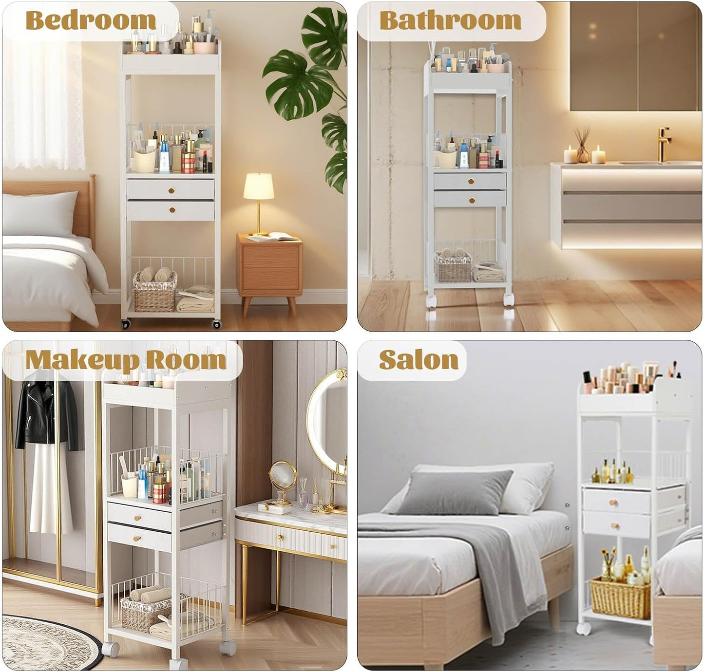 Makeup Organizer Storage Cart - 2 Drawer Versatile Vanity Display Case for Skincare, Cosmetics & Hair Tools | Floor Stand