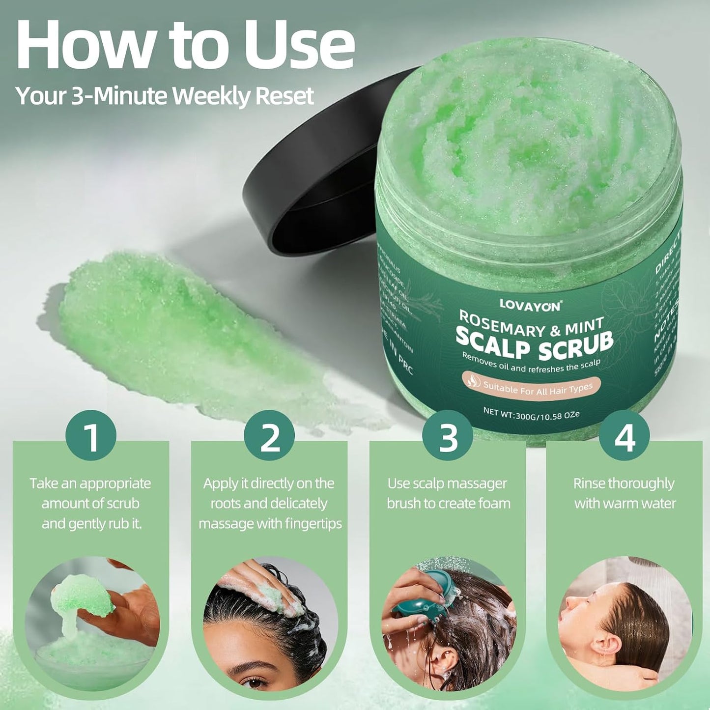 Rosemary Scalp Scrub & Exfoliator | Sea Salt & BHA Treatment with Silicone Massager Brush - 10.58oz for Fuller Hair