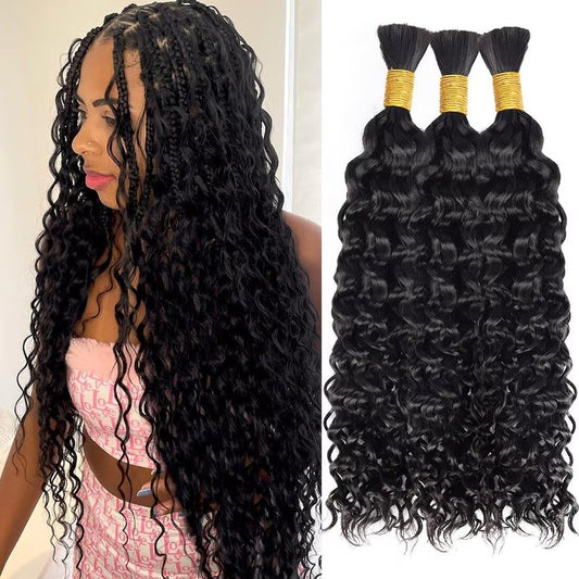 Curly Virgin Human Braiding Hair - 24 Inch Knotless Water Wave | 150g 3 Bundles Natural Black for Boho Styles