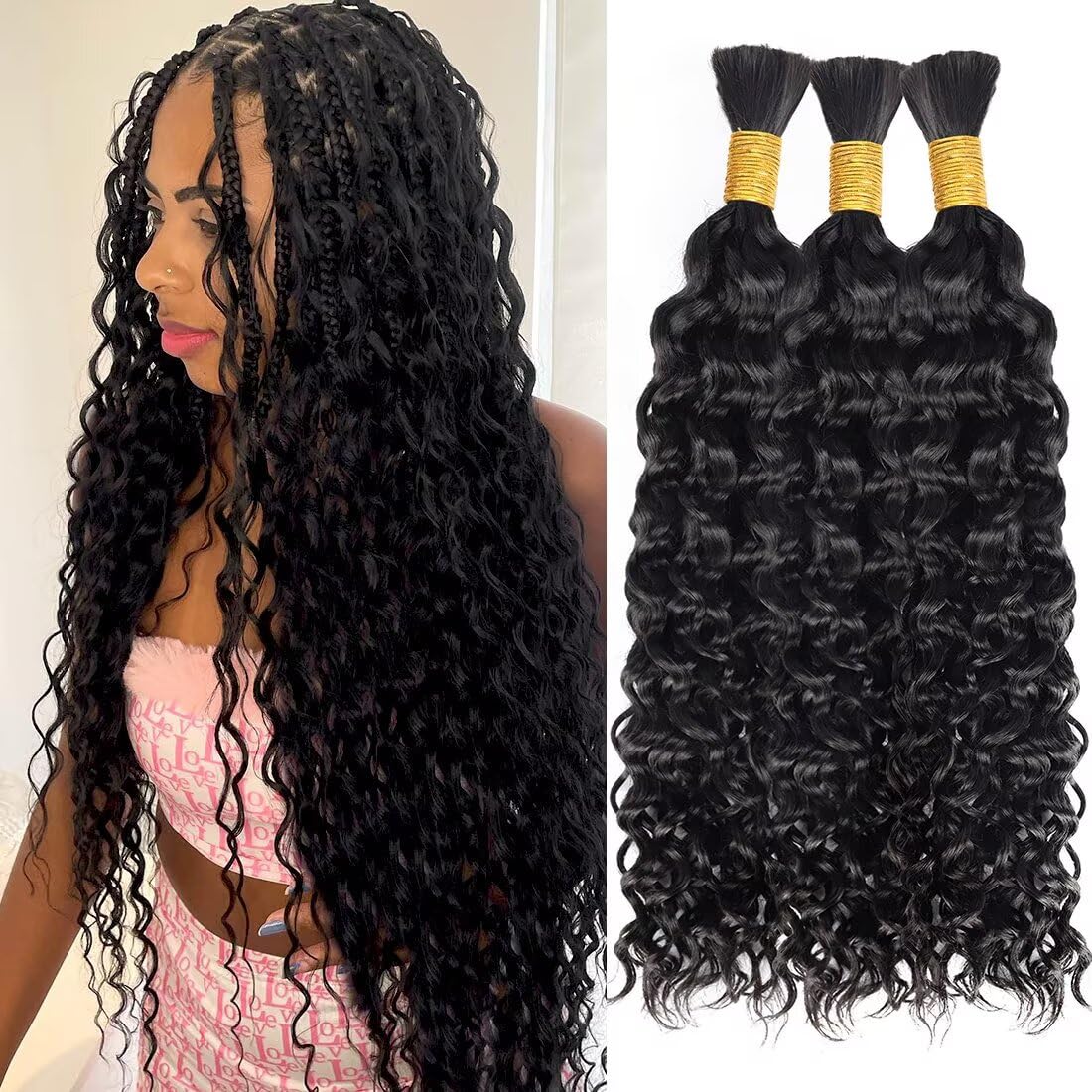 Unprocessed Human Hair for Braiding - #4 Medium Brown Curly Bulk Hair, 12A Grade Boho Extensions | 14 Inch, 150g, 3 Bundles