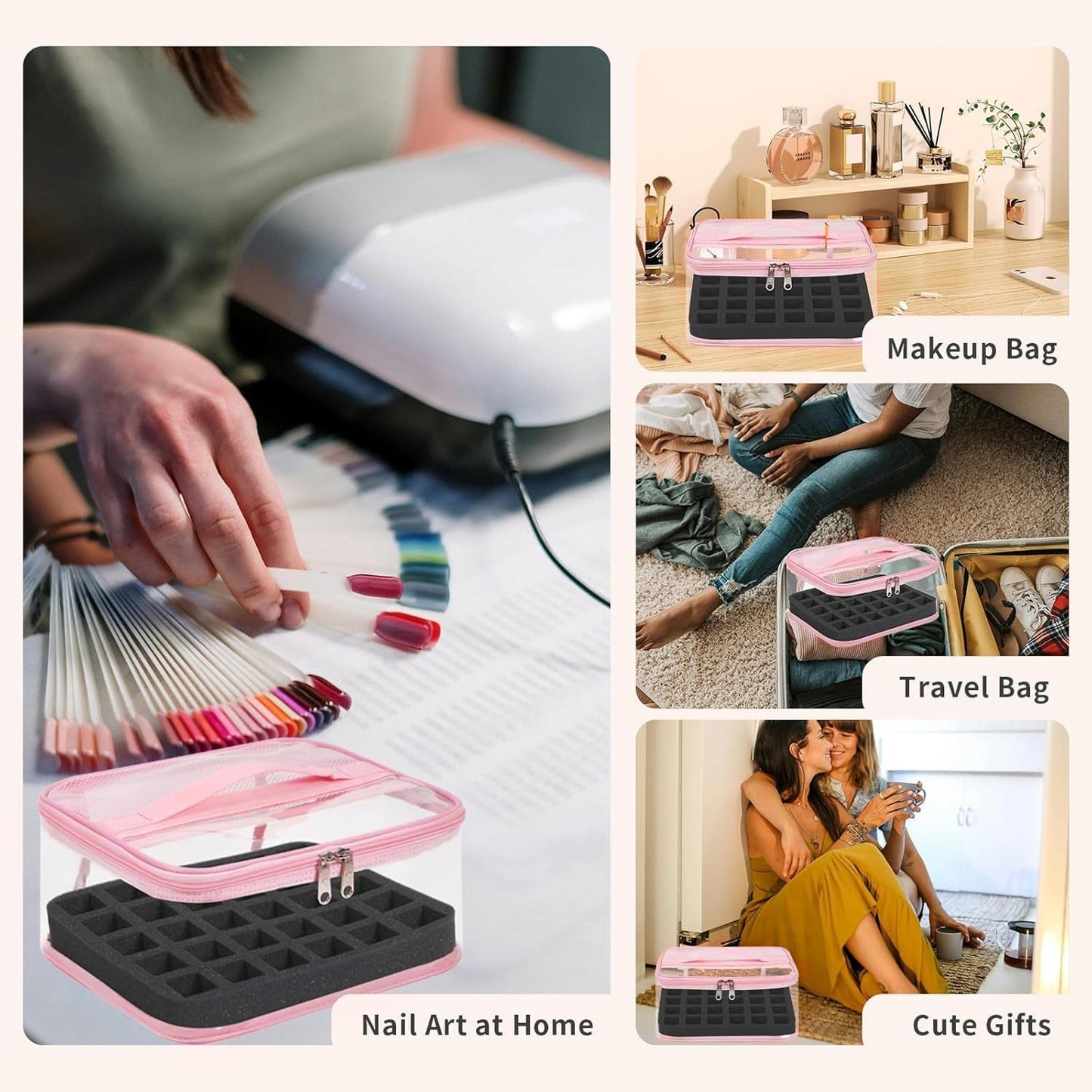 Clear Nail Polish Organizer - Holds 30 Bottles | Portable PVC Case with Manicure Tools Storage Sections