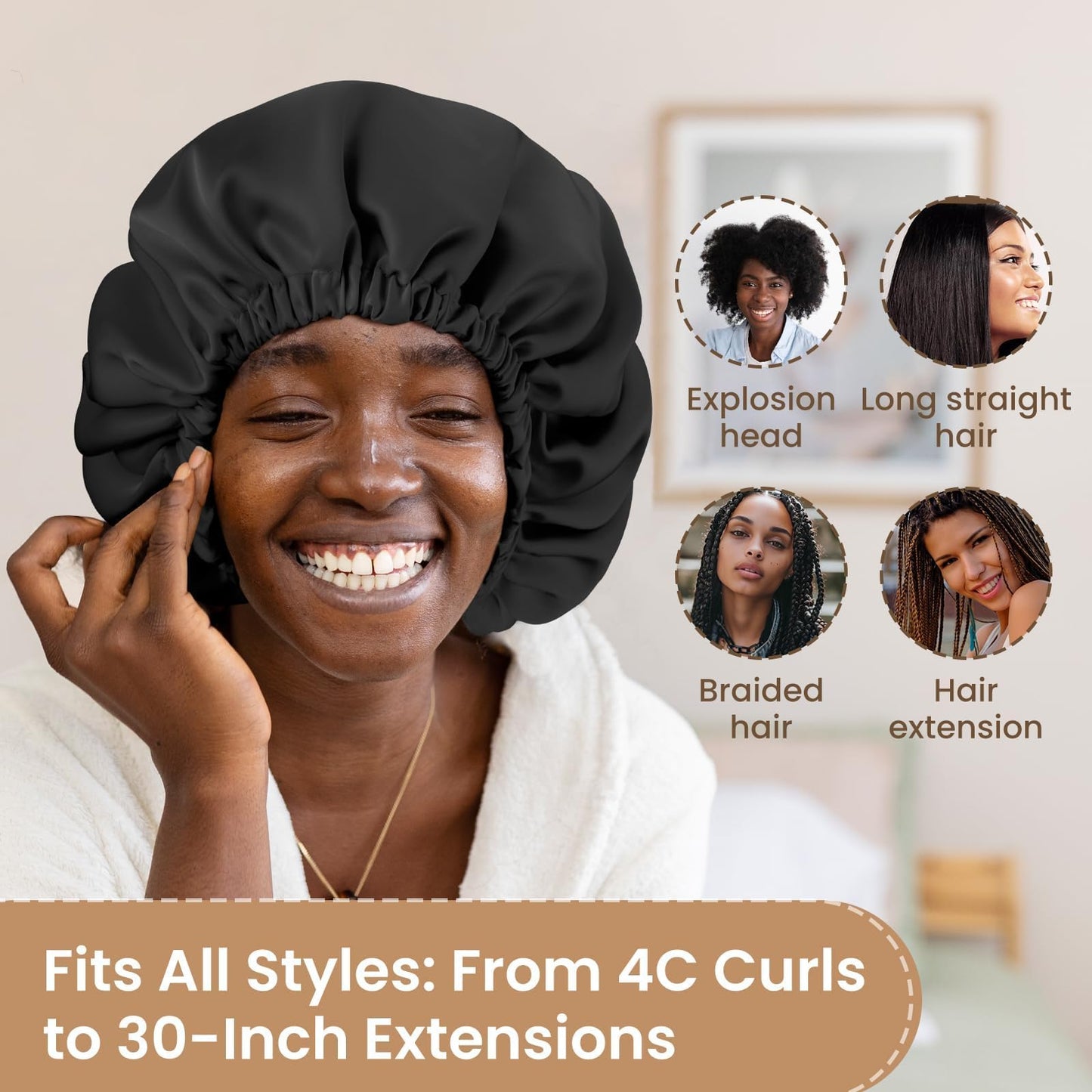Zixsavk Adjustable Double Layer Silk-Satin Hair Bonnet for Sleeping Women – Anti-Frizz Curly Hair Sleep Cap, Hair Protector for Night, Moisture Retention Soft Bonnet for Natural Hair (black,Large)