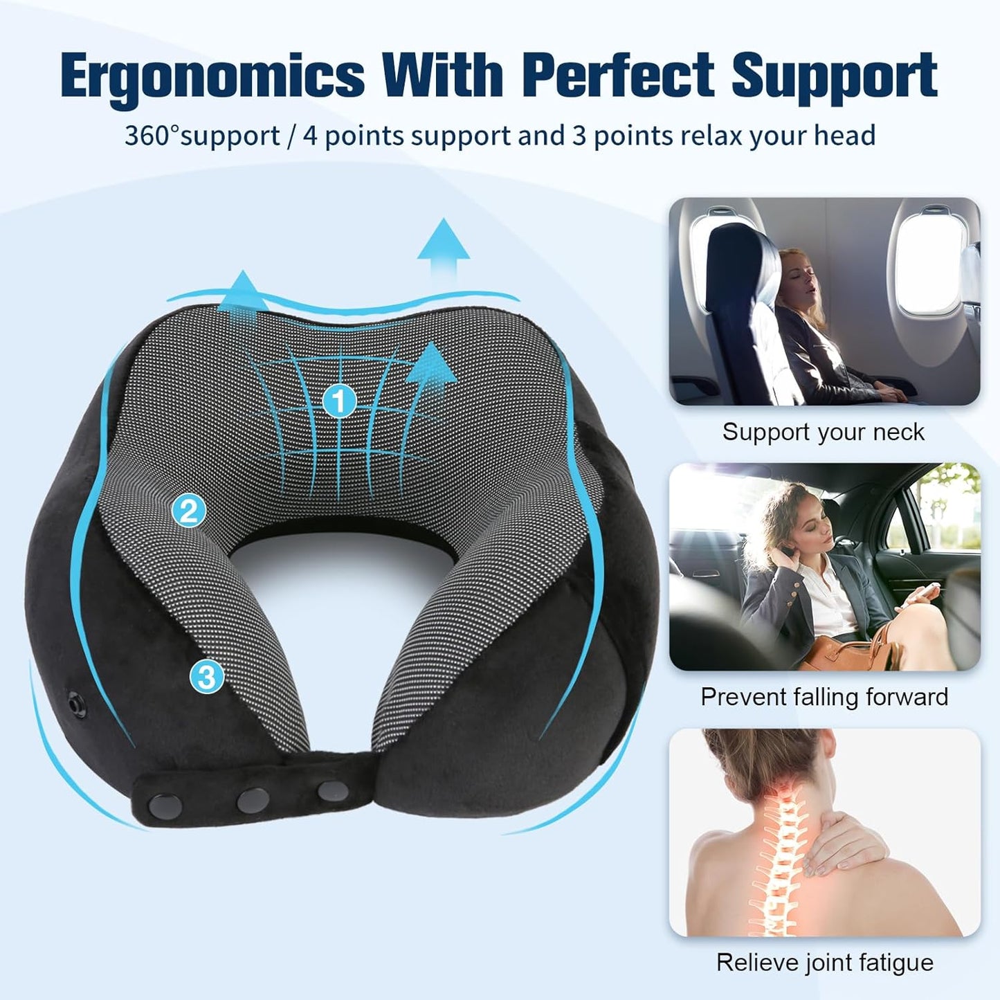 Travel Neck Pillow - 100% Pure Memory Foam with Eye Mask & Earplugs | Adjustable & Portable for Airplanes