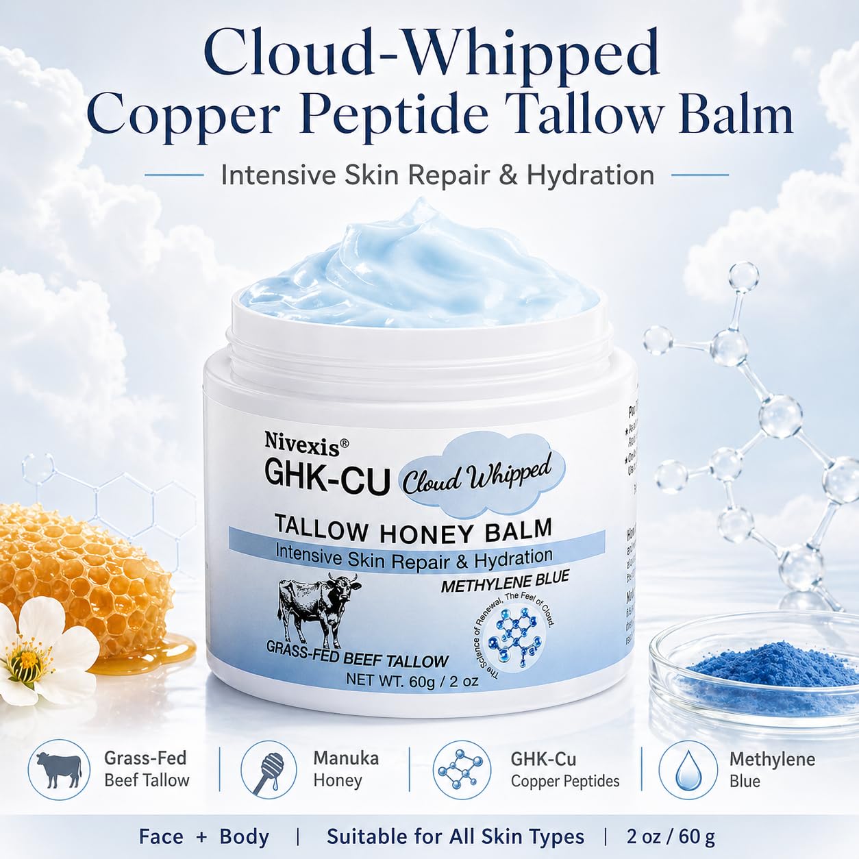 GHK-Cu Copper Peptide Balm - Grass Fed Beef Tallow & Manuka Honey Moisturizer for Mature Dry Skin | 2 Oz