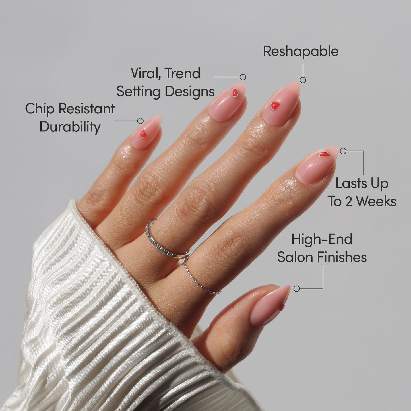Glamnetic Press On Nails - Short Almond Glossy Pink Nails with 3D Watermelon Design | 30 Nail Kit with Glue, 15 Sizes