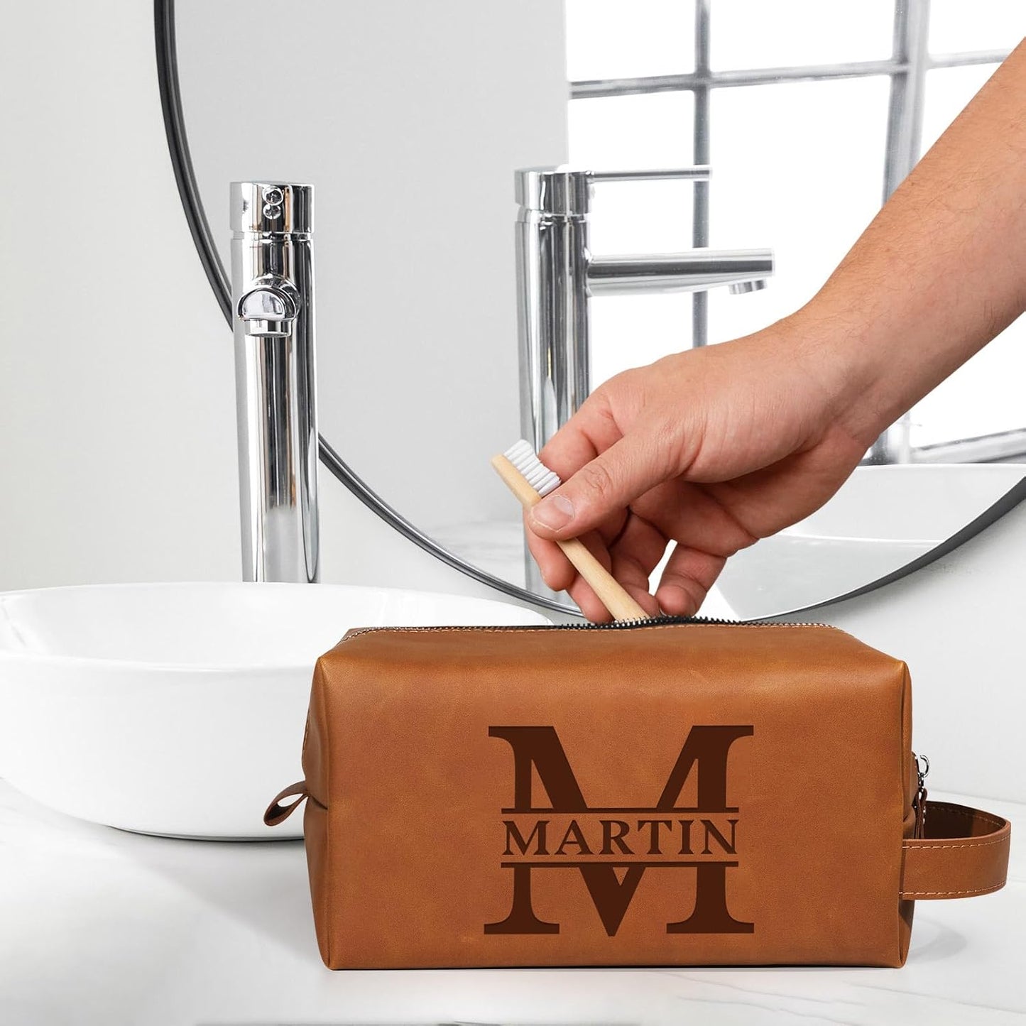 Personalized Leather Toiletry Bag - Engraved Name, Waterproof | Brown Travel Organizer for Men, Perfect Groomsmen Gift