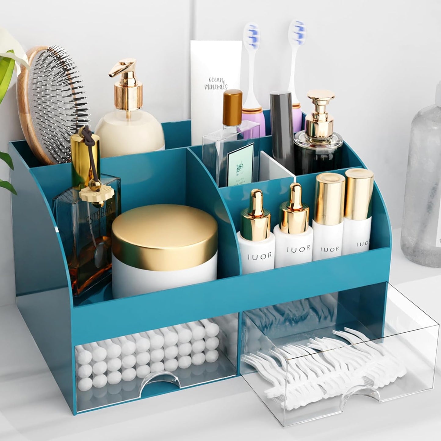 Makeup Organizer - Cosmetic Storage with Drawers for Vanity & Bathroom | White Beauty Holder for Lipstick & Brushes