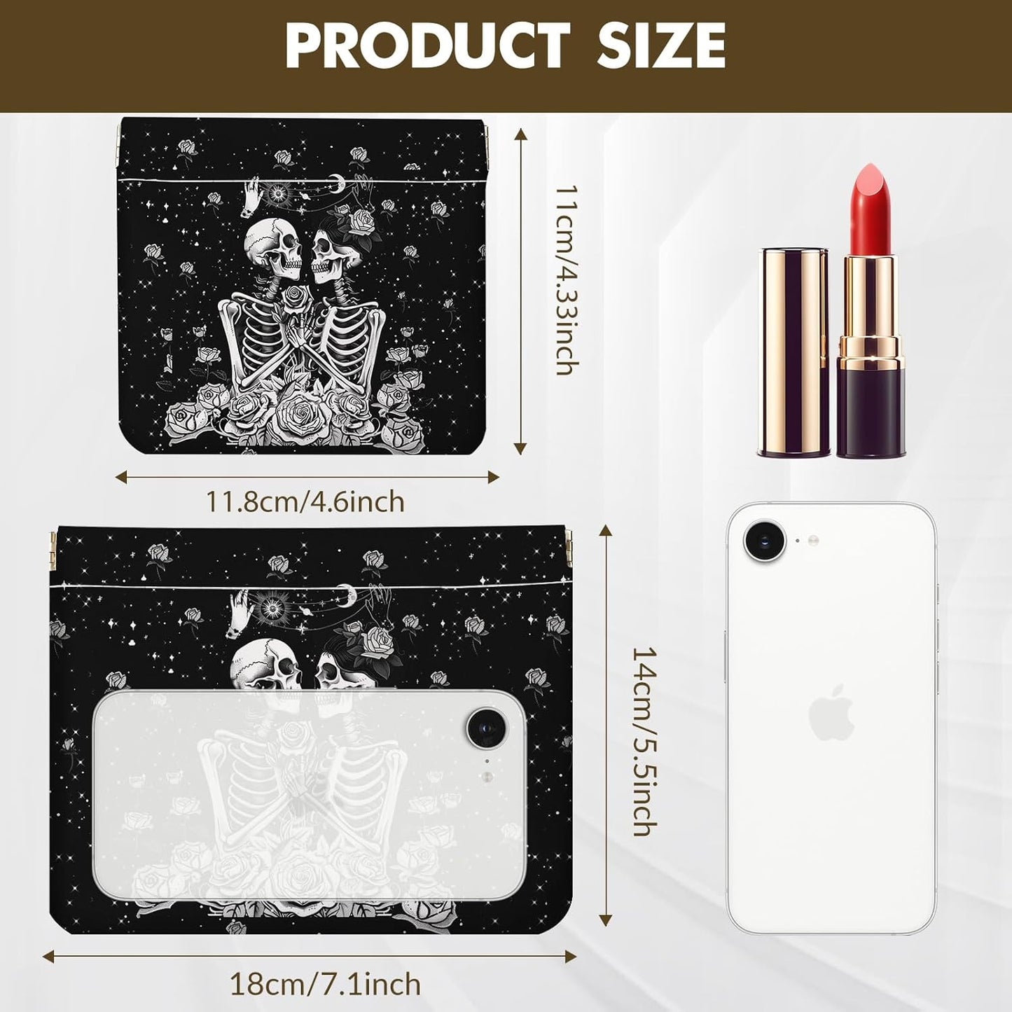 Makeup Bag Set - 2 PCS PU Leather Cosmetic Organizer | Portable Self-Closing Travel Pouch for Women - Skull Design