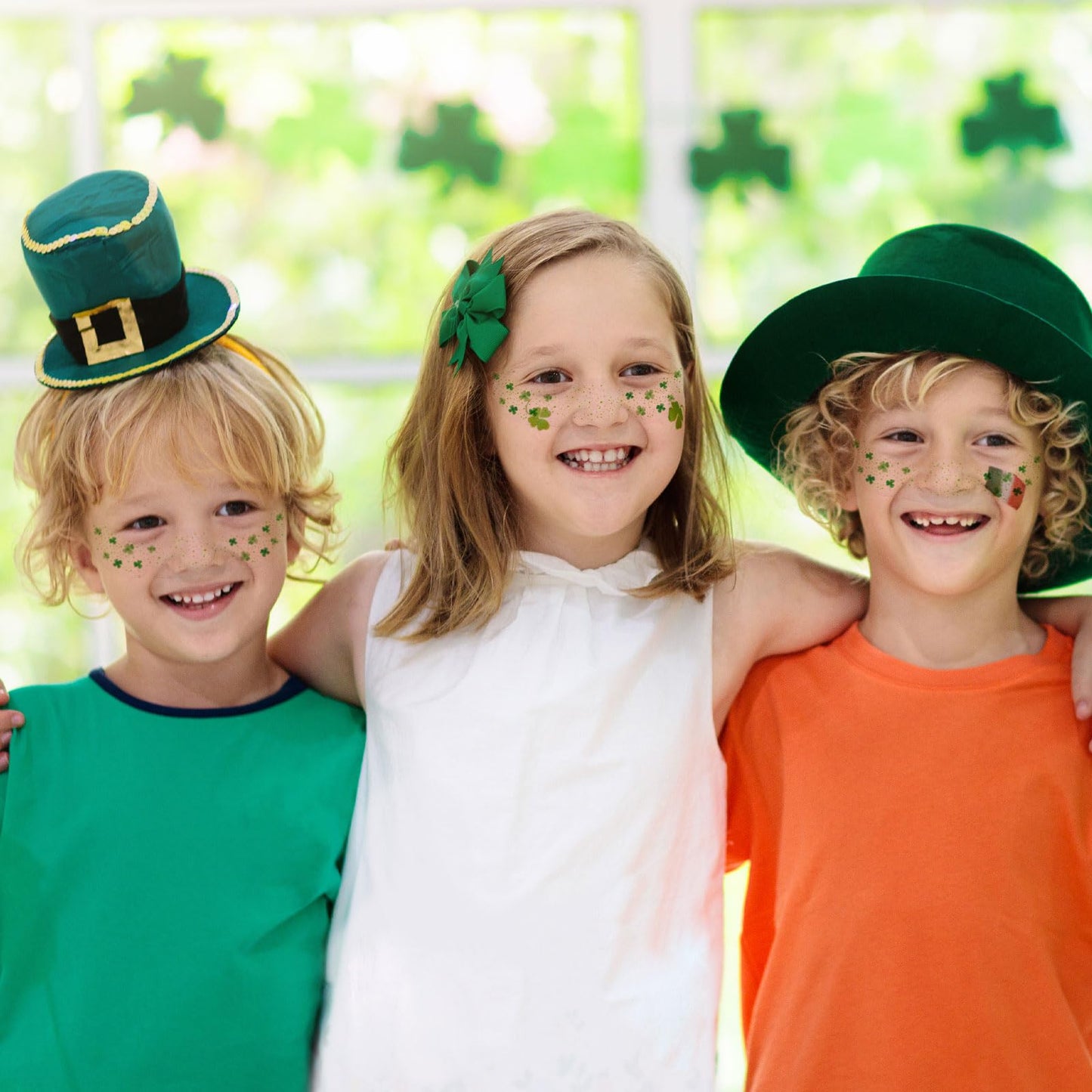 St. Patrick’s Day Temporary Tattoos - 6Pcs Glitter Shamrock & Four-Leaf Clover Face Stickers for Party