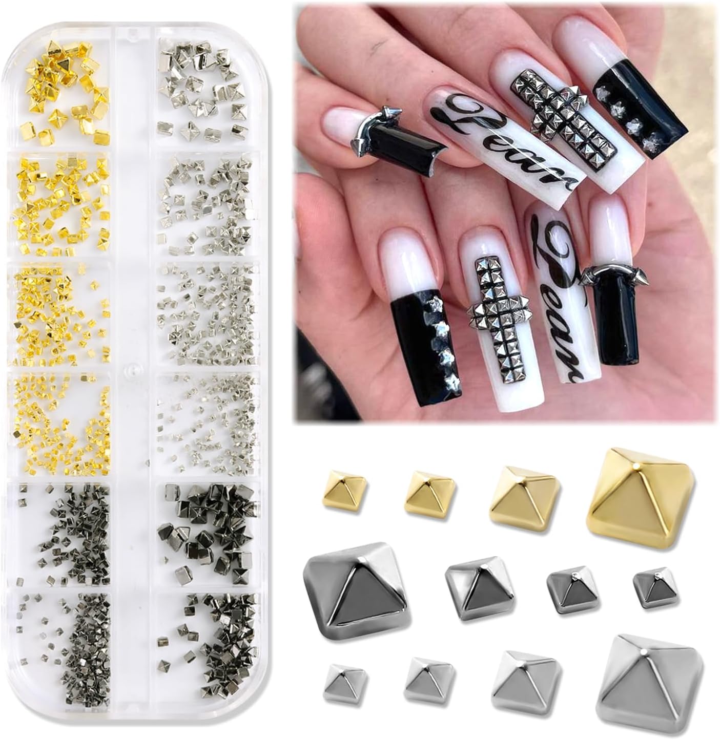 3D Star Nail Art Charms - Gold Metallic Studs & Rhinestones | Mixed Styles for DIY Manicure Supplies