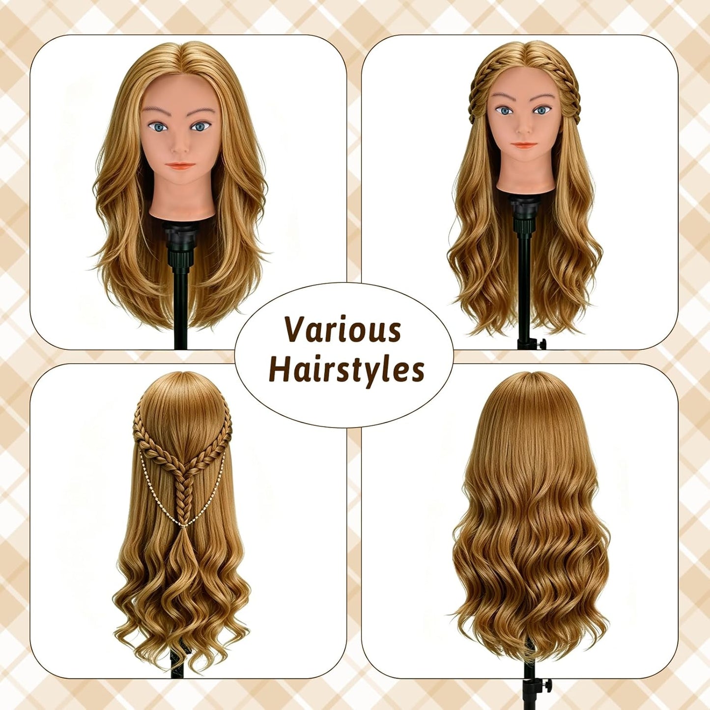 Mannequin Head - 90% Human Hair Styling Head for Cosmetology | 24" Gold Blonde Hairdressing Training Doll with Clamp