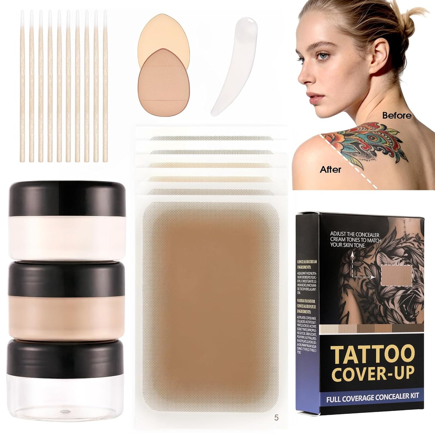 Tattoo Cover Up Makeup - Waterproof Cream for Body & Face | Blendable Light & Dark Shades with Sponges & Mixing Tool