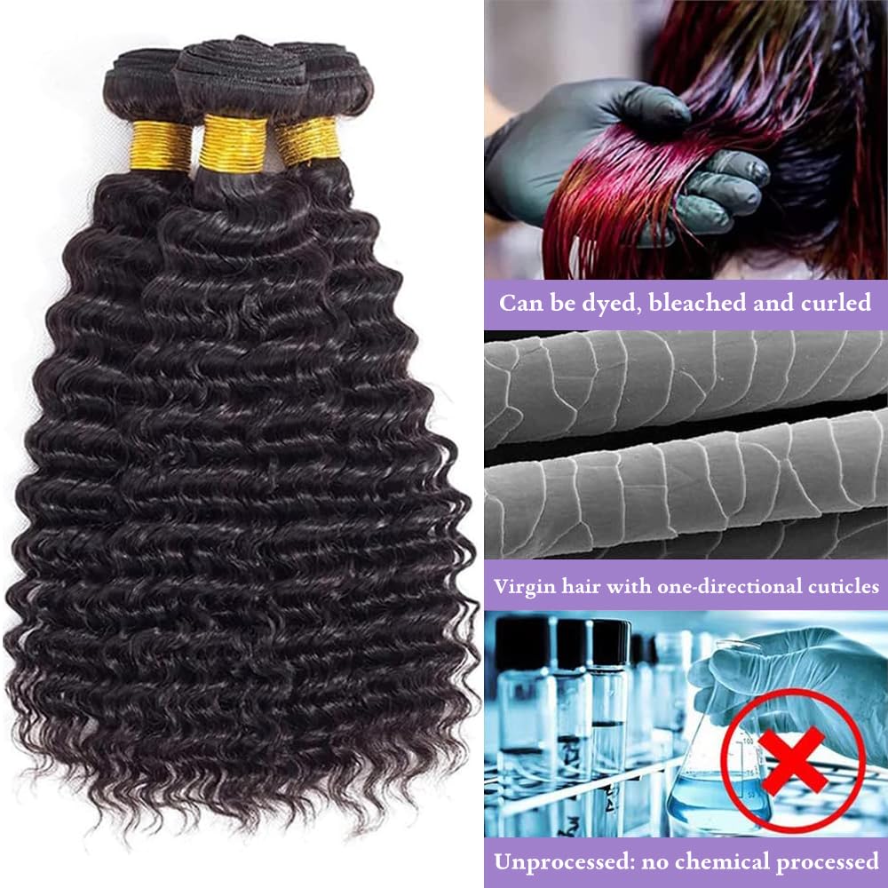 Human Hair Bundles Deep Wave Curly Bundle Human Hair Brazilian Virgin Hair 18 18 18 Inch 3 Bundles for Women 10A Grade Unprocessed Deep Curly Hair Bundle Weave Extensions Natural Black