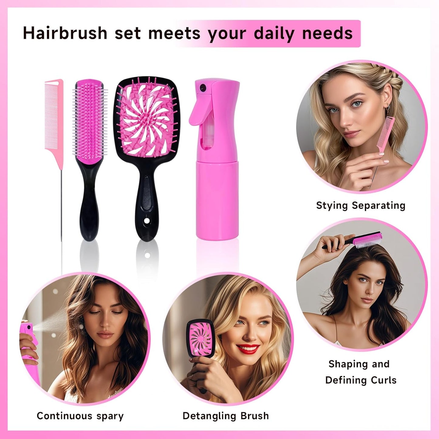 Detangle Hair Brush Set - 11 Pcs with Spray Bottle | Smooth Brushes for Adults & Toddlers - Pink