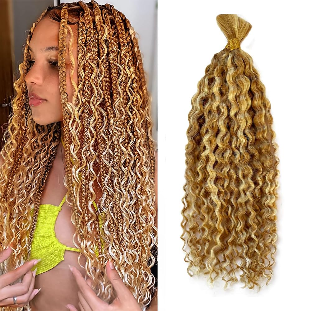 27613 Boho Human Hair Braiding Deep Wave Bulk 18 18 Inch Human Hair Weave 2 Bundle Unprocessed Brazilian Virgin Hair Blonde Deep Water Braiding Hair Extensions 100g/Pack