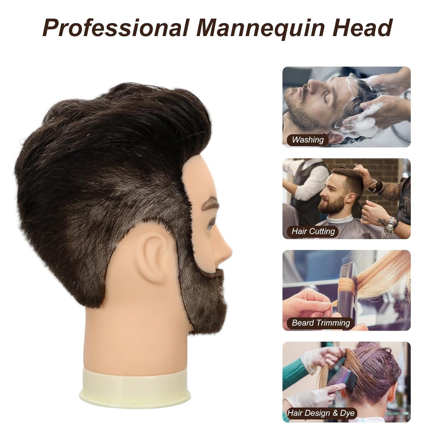 Barber Mannequin Head, 8" Male Mannequin Head 100% Real Human Hair With Beard, Professional Training Doll Manikin Head for Practicing Hair Cutting and Styling, Black