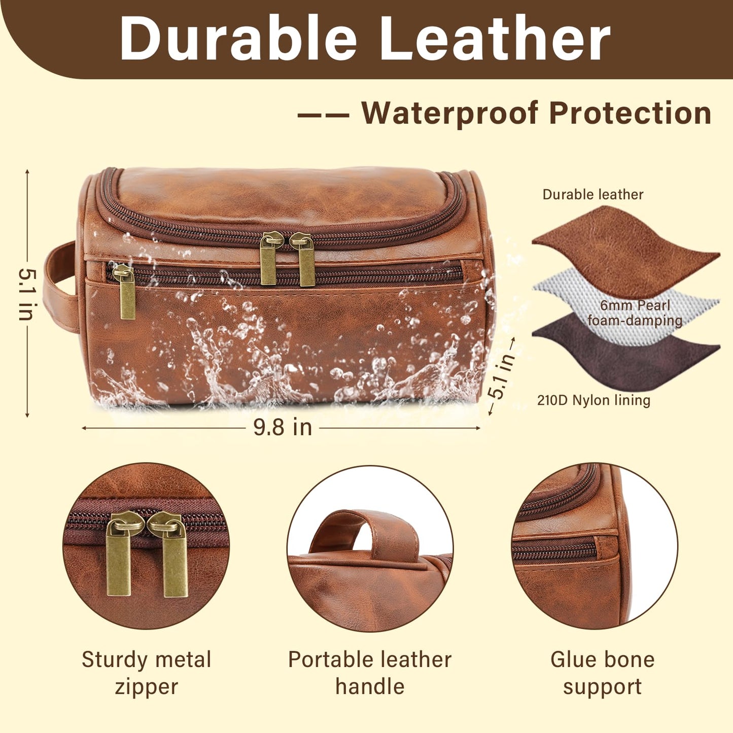 PUREFLY Mens Toiletry Travel Bag Personalized, Custom Leather Toiletries Shaving Bag, Ideas Gifts for Birthday, Anniversary, Groomsmen, Graduation, Christmas, Engraved with Pattern and Text