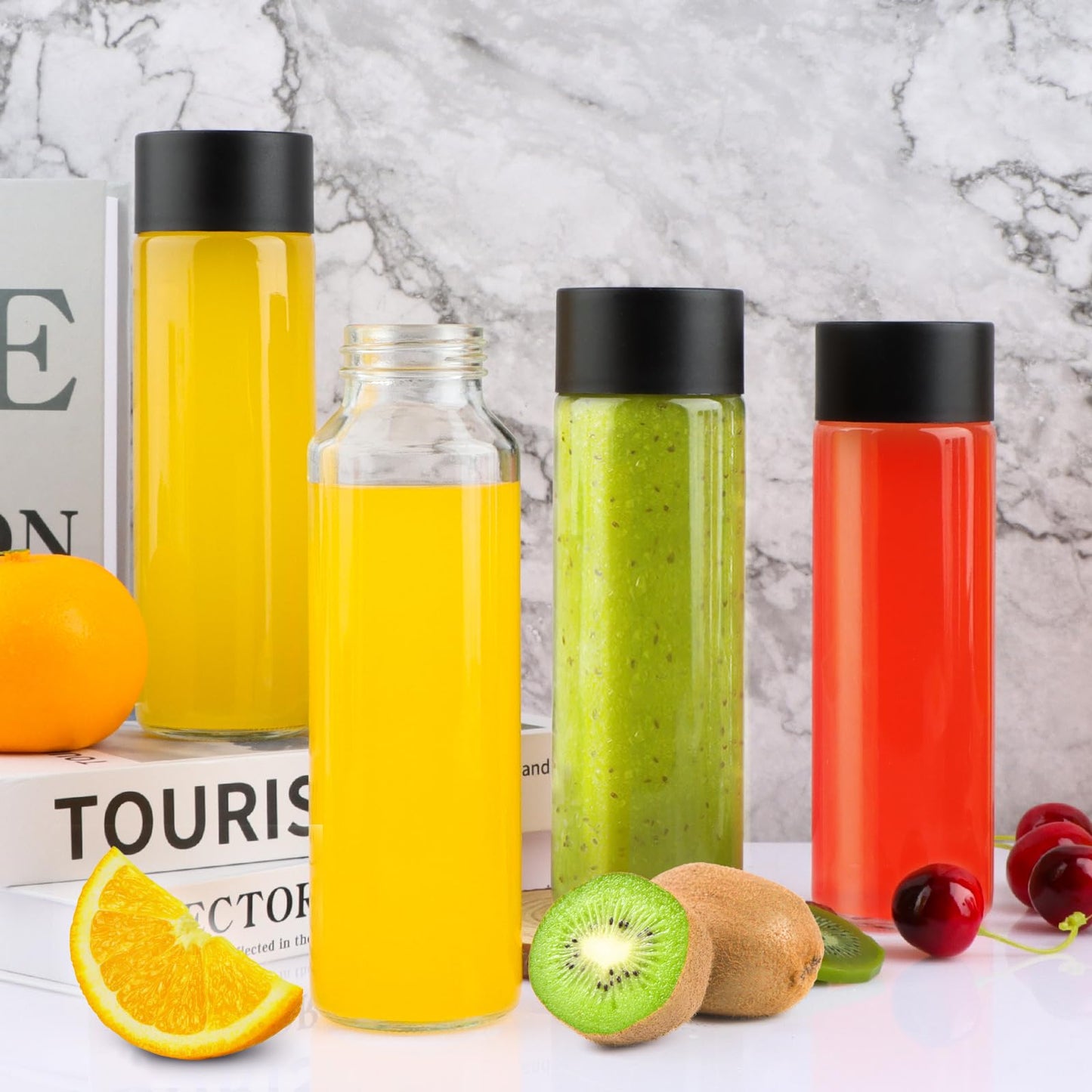 HWASHIN 12 Pack 12oz Glass Water Bottles, 350ml Empty Glass Drink Bottles with Black Lids, Brush & Labels, Clear Reusable Juice Bottles for Juicing, Homemade Smoothies, Beverages